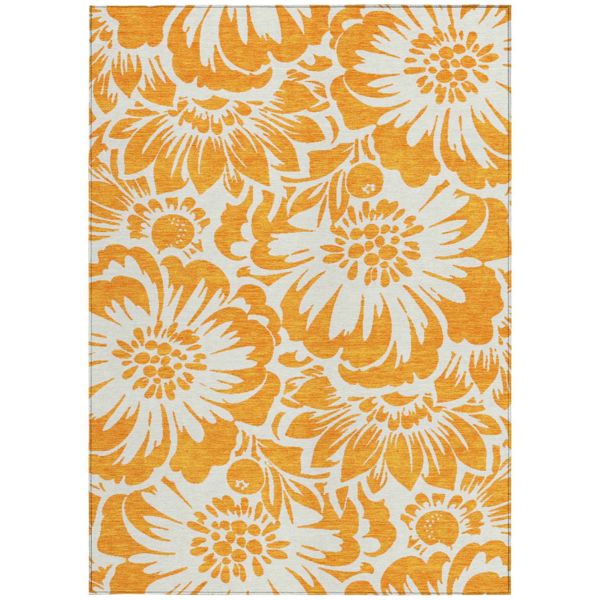 8' X 10' Orange and White Floral Washable Non Skid Indoor Outdoor Area Rug