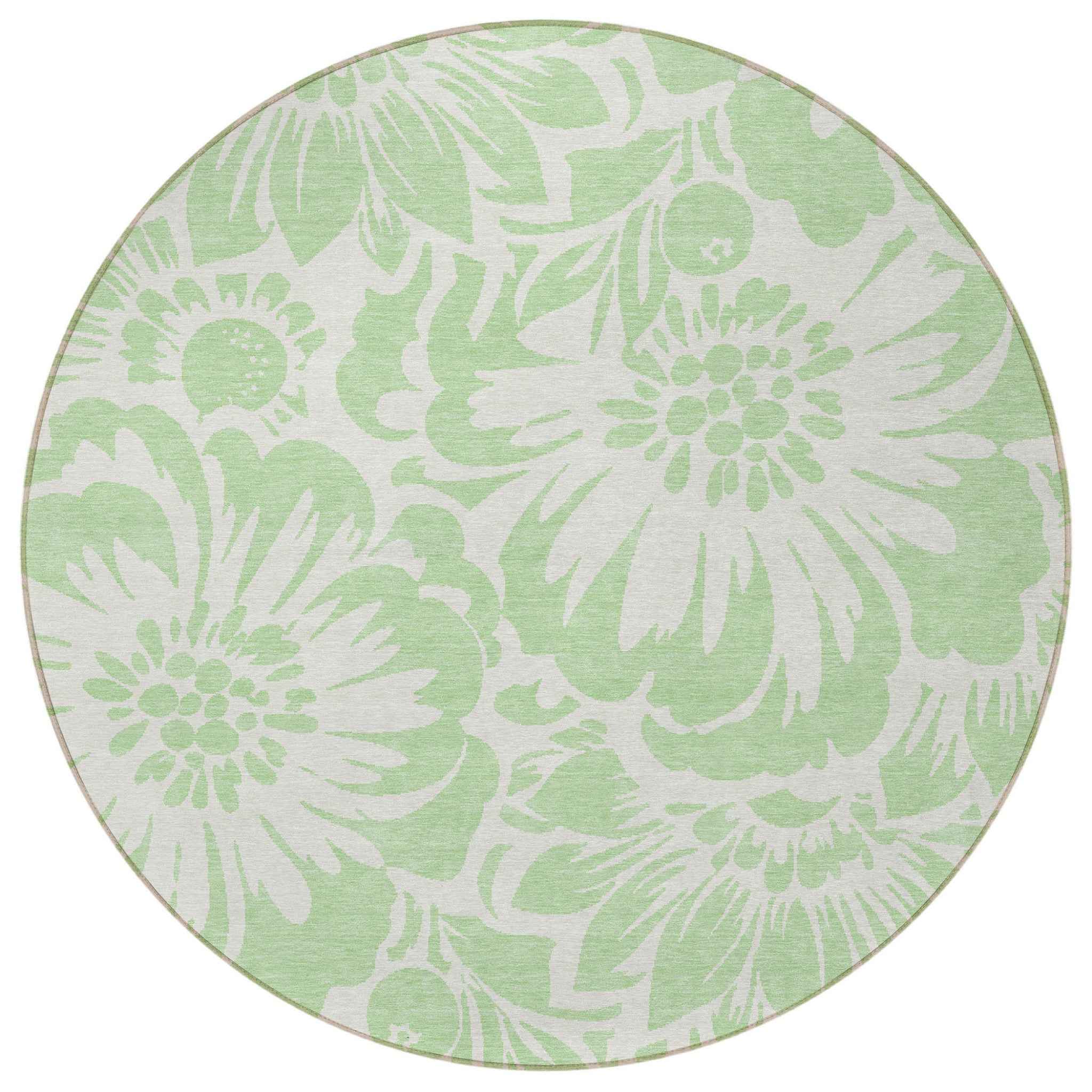 8' Round Mint Green and Ivory Round Floral Washable Non Skid Indoor Outdoor Area Rug