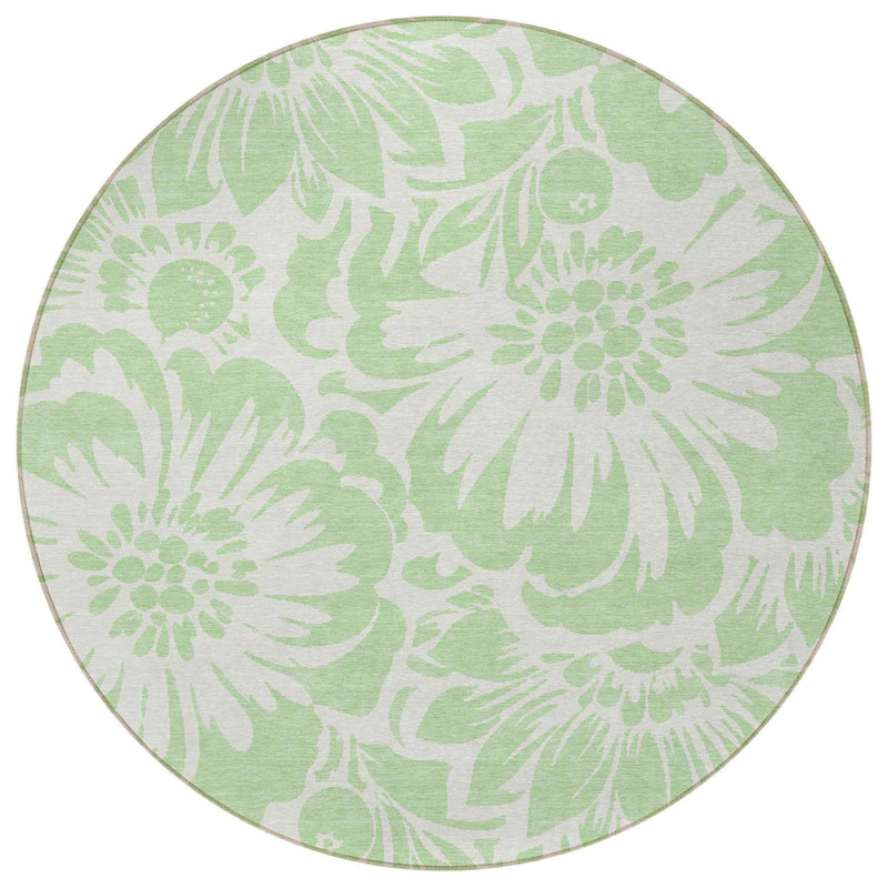 8' Round Mint Green and Ivory Round Floral Washable Non Skid Indoor Outdoor Area Rug