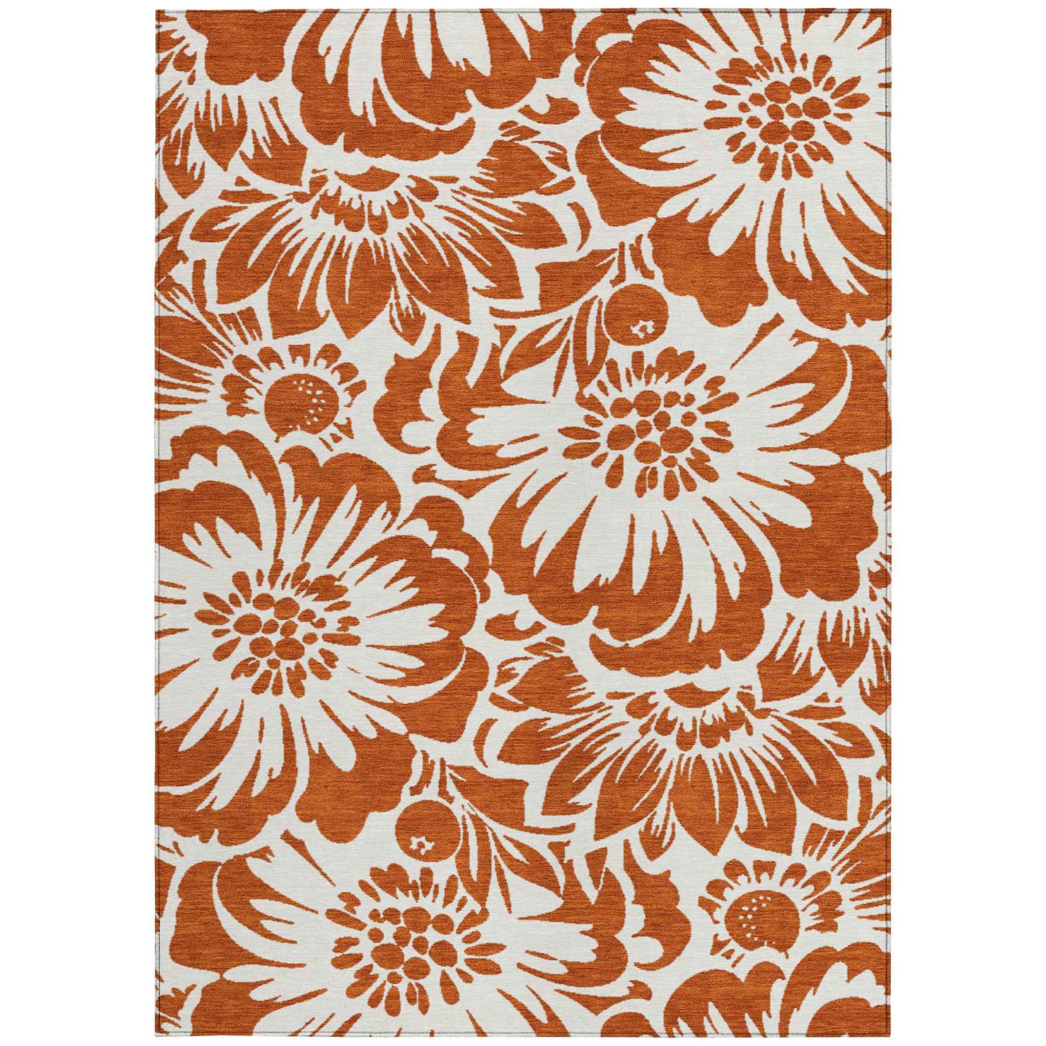 8' X 10' Rust and Ivory Floral Washable Non Skid Indoor Outdoor Area Rug