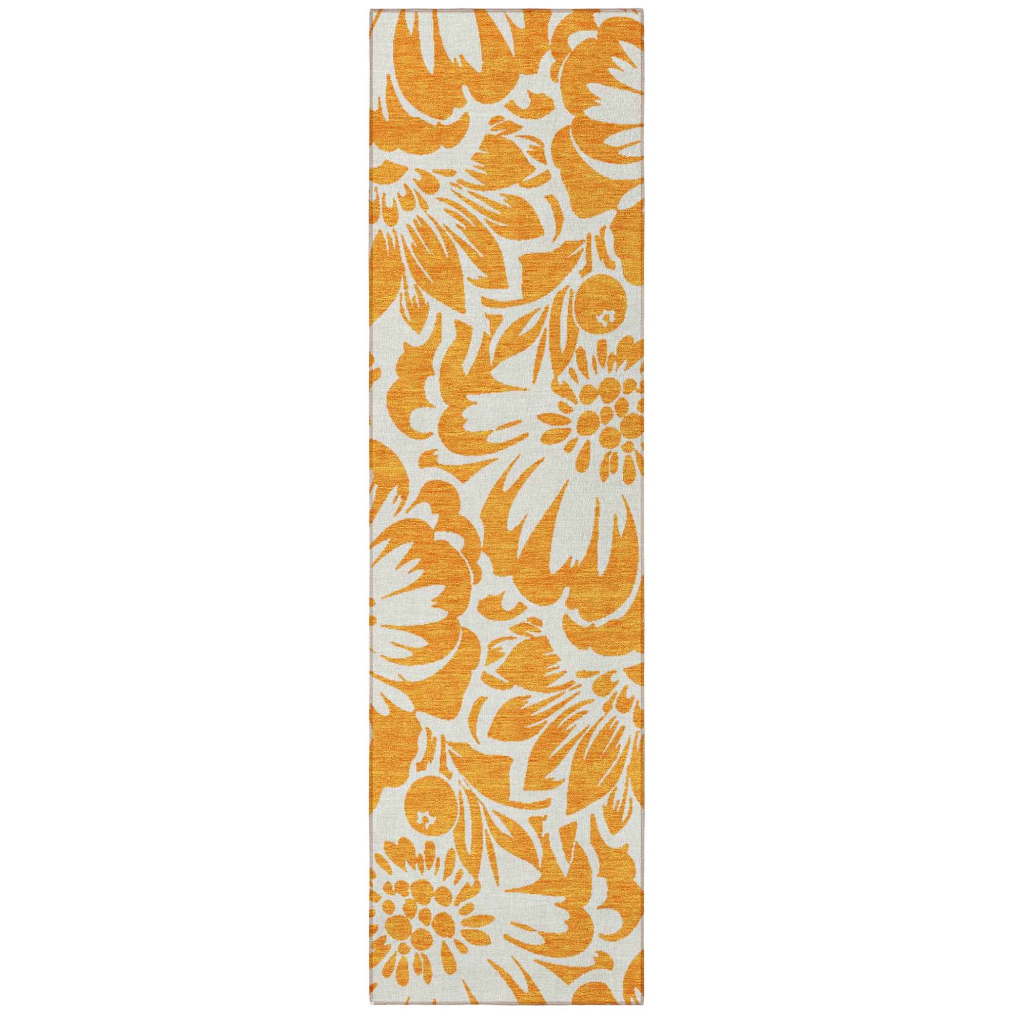 8' Runner Orange and White Floral Washable Non Skid Indoor Outdoor Runner Rug