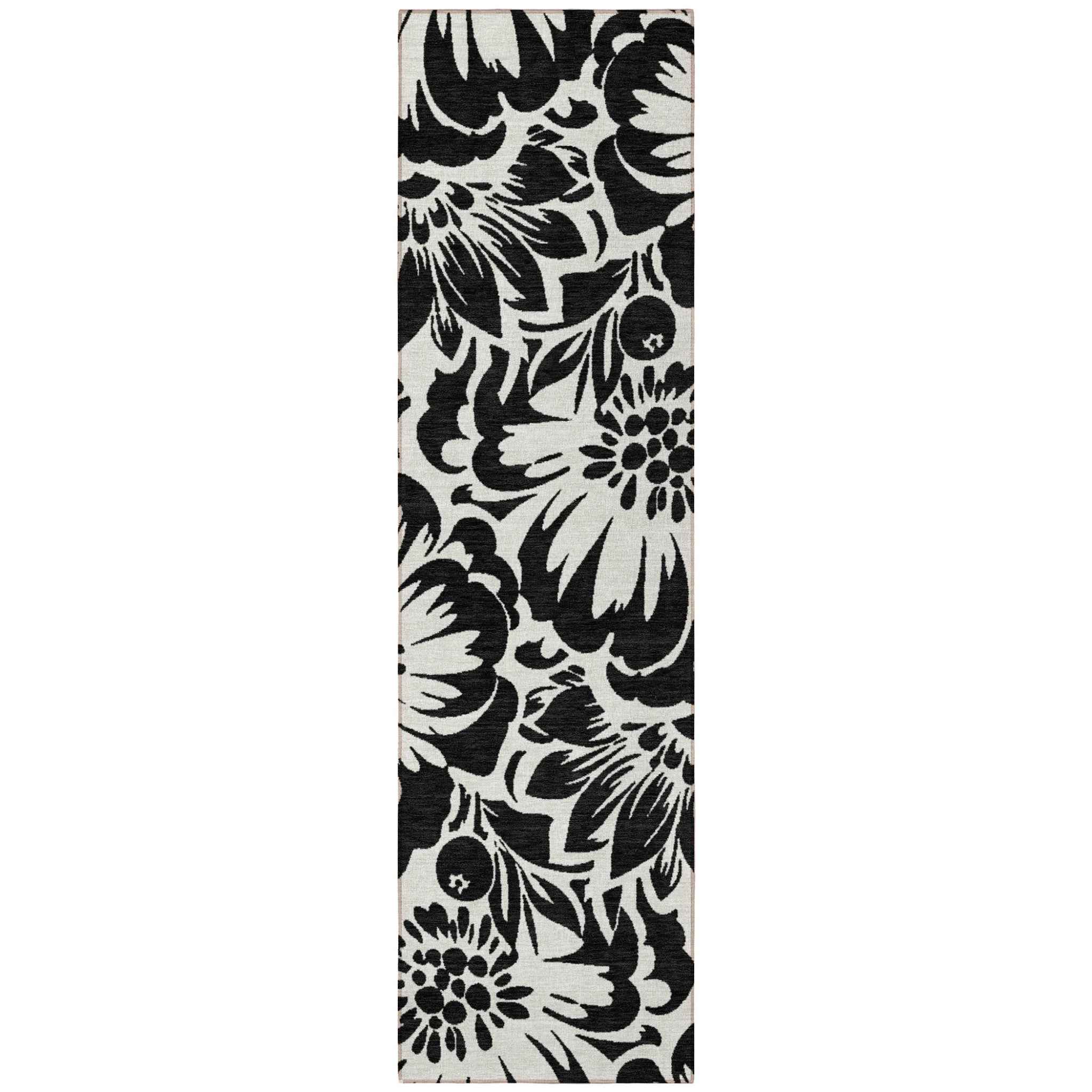 8' Runner Black and Ivory Floral Washable Non Skid Indoor Outdoor Runner Rug