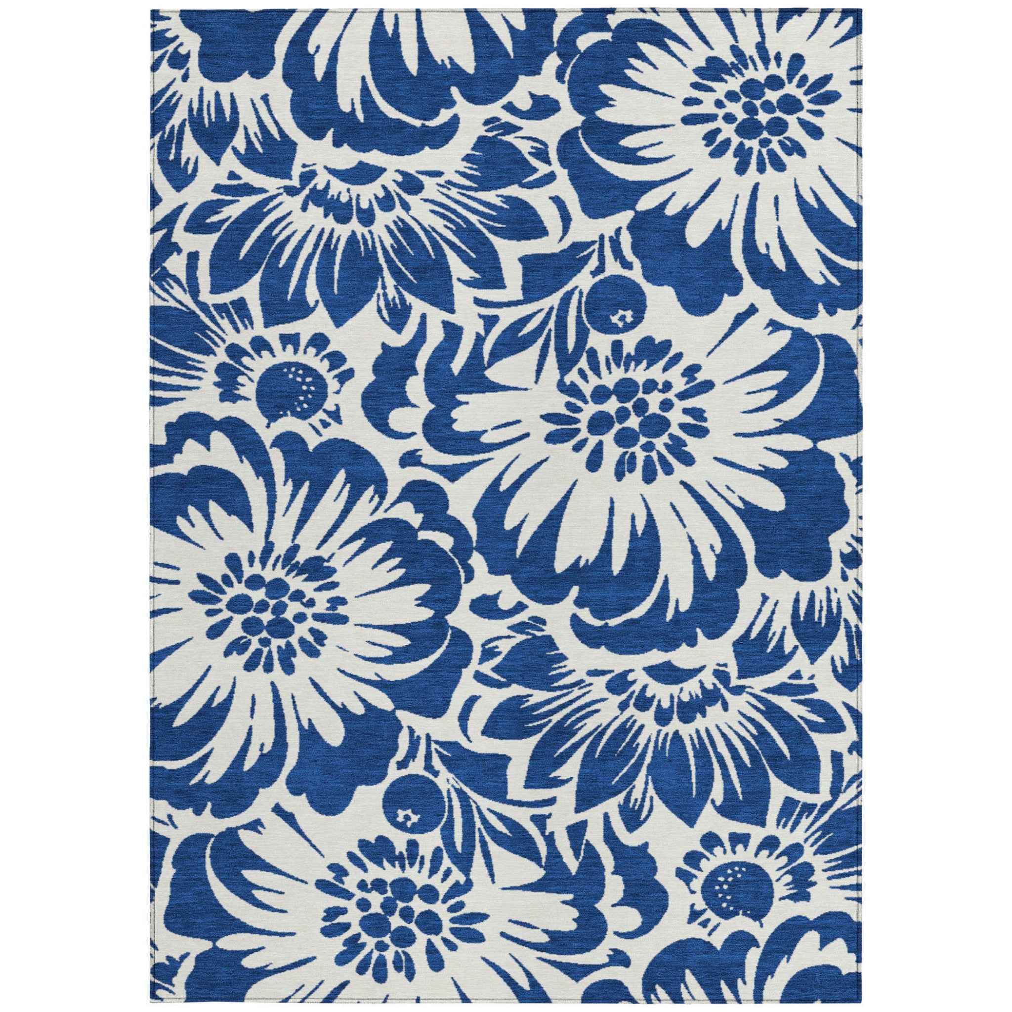 9' X 12' Navy and Ivory Floral Washable Non Skid Indoor Outdoor Area Rug