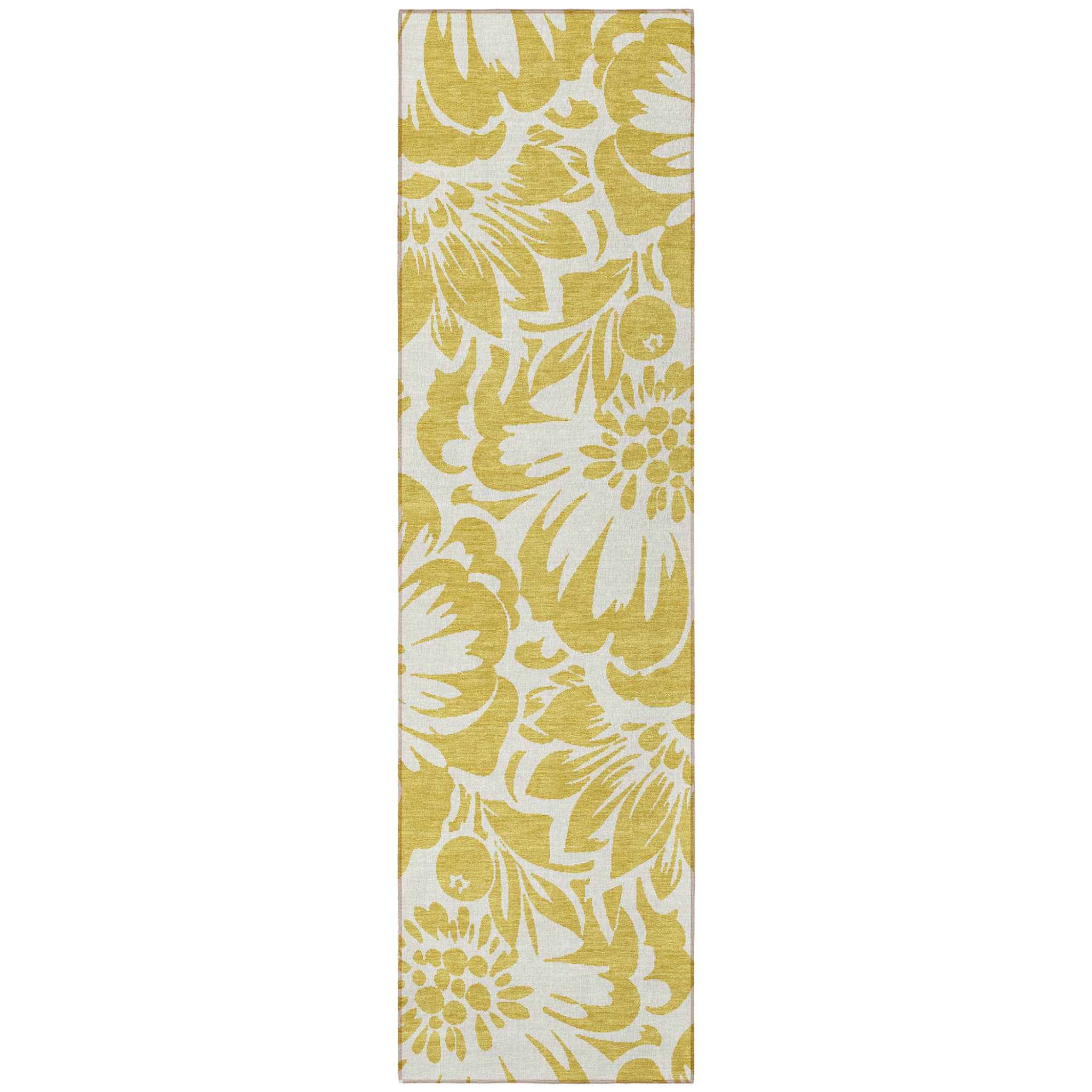 8' Runner Gold and White Floral Washable Non Skid Indoor Outdoor Runner Rug