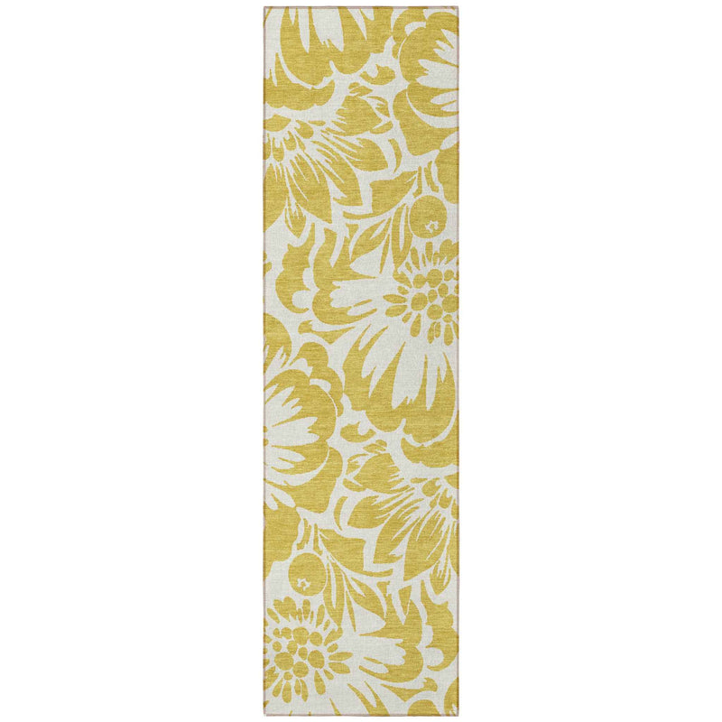 8' Runner Gold and White Floral Washable Non Skid Indoor Outdoor Runner Rug