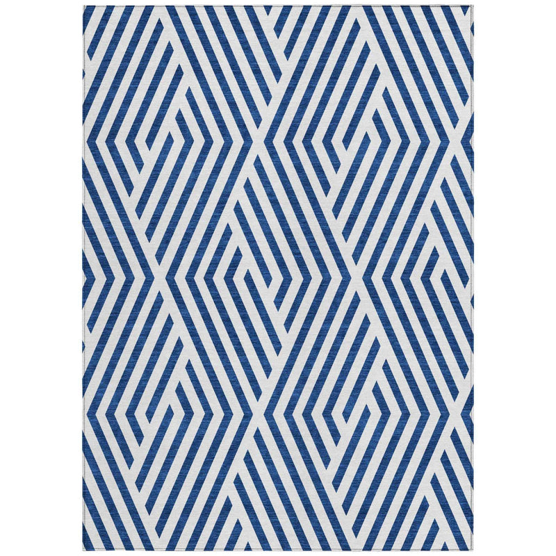 3' X 5' Navy and White Geometric Washable Non Skid Indoor Outdoor Area Rug
