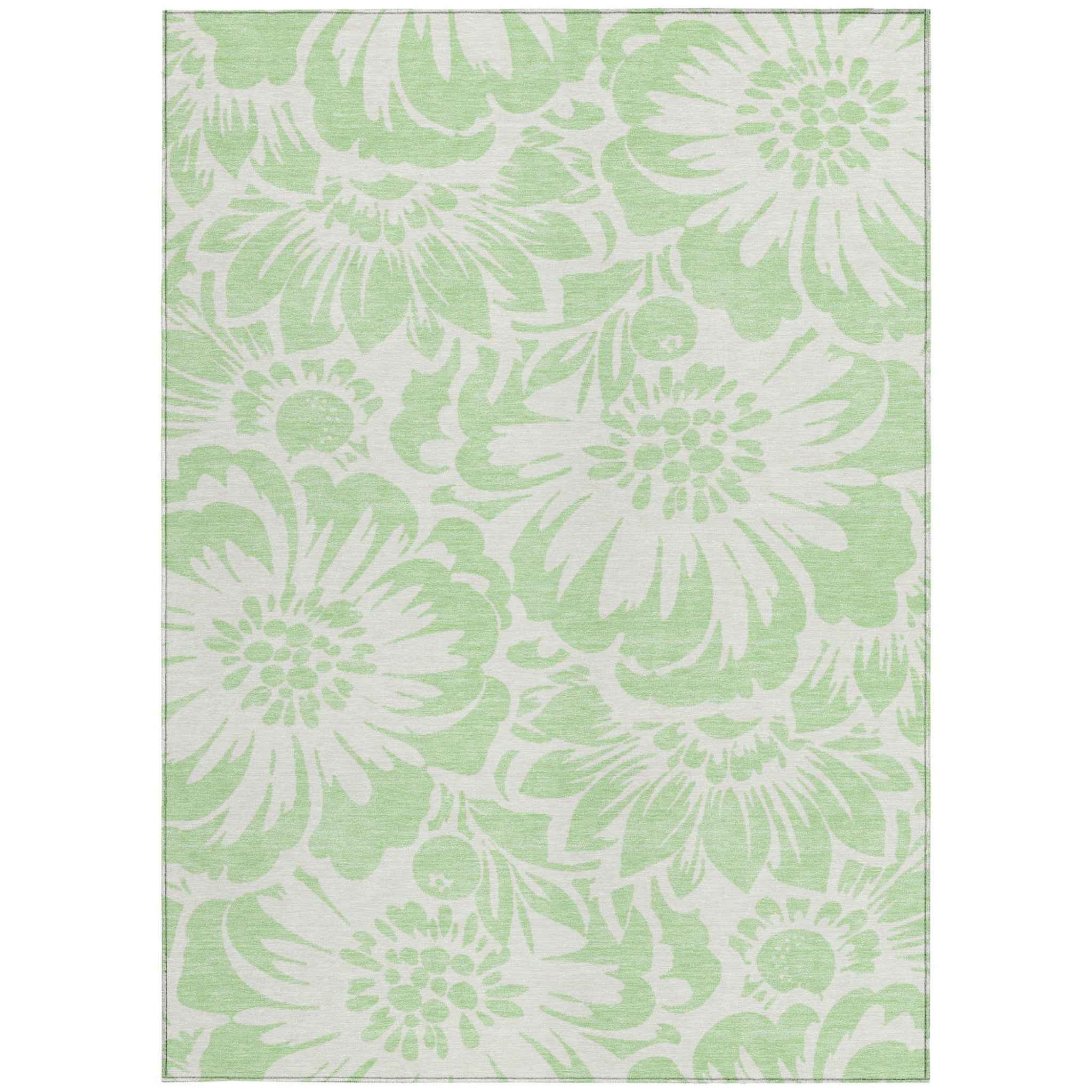 8' X 10' Mint Green and Ivory Floral Washable Non Skid Indoor Outdoor Area Rug