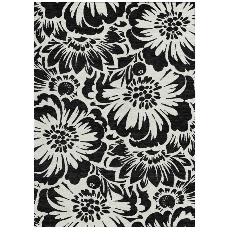 5' X 8' Black and Ivory Floral Washable Non Skid Indoor Outdoor Area Rug