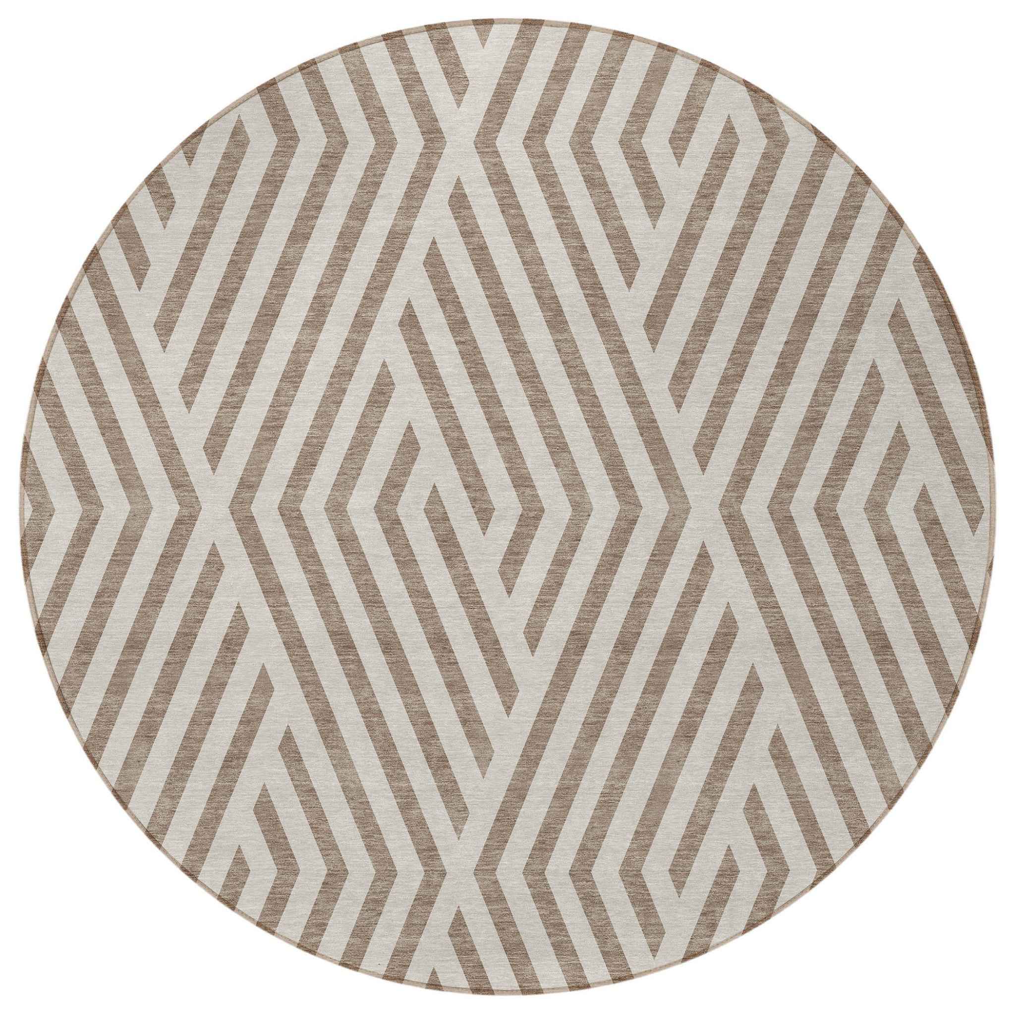 8' Round Taupe and Ivory Round Geometric Washable Non Skid Indoor Outdoor Area Rug