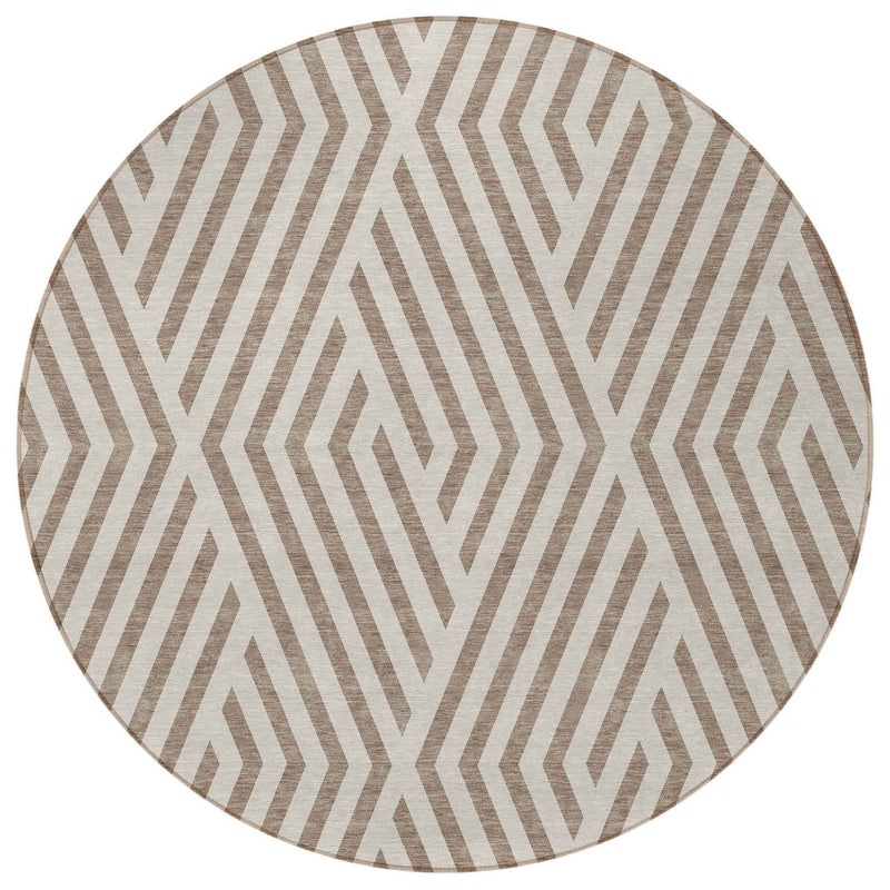 8' Round Taupe and Ivory Round Geometric Washable Non Skid Indoor Outdoor Area Rug