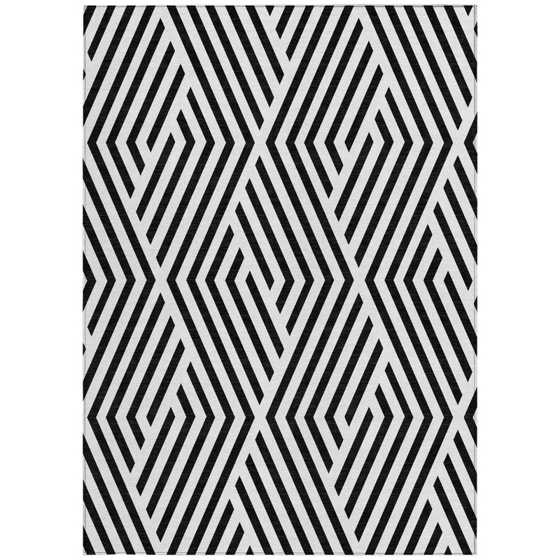 5' X 8' Black and White Geometric Washable Non Skid Indoor Outdoor Area Rug