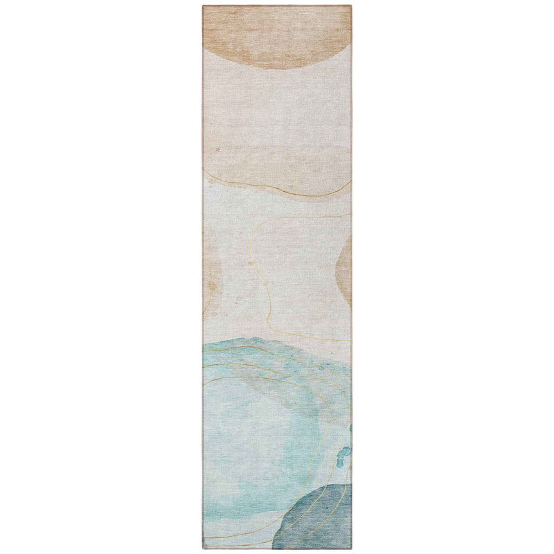 8' Runner Beige and Blue Abstract Washable Non Skid Indoor Outdoor Runner Rug