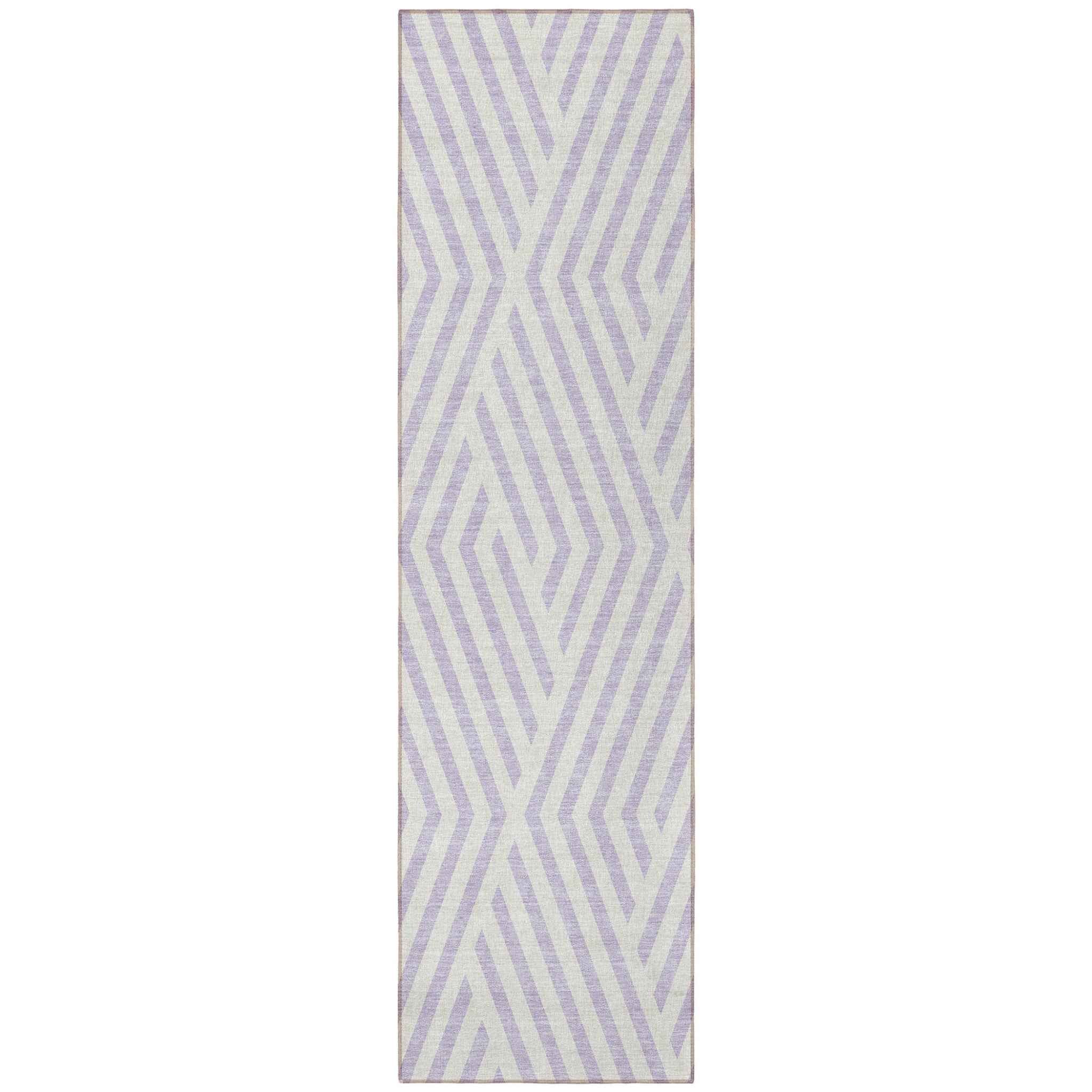 8' Runner Lavender and Ivory Geometric Washable Non Skid Indoor Outdoor Runner Rug