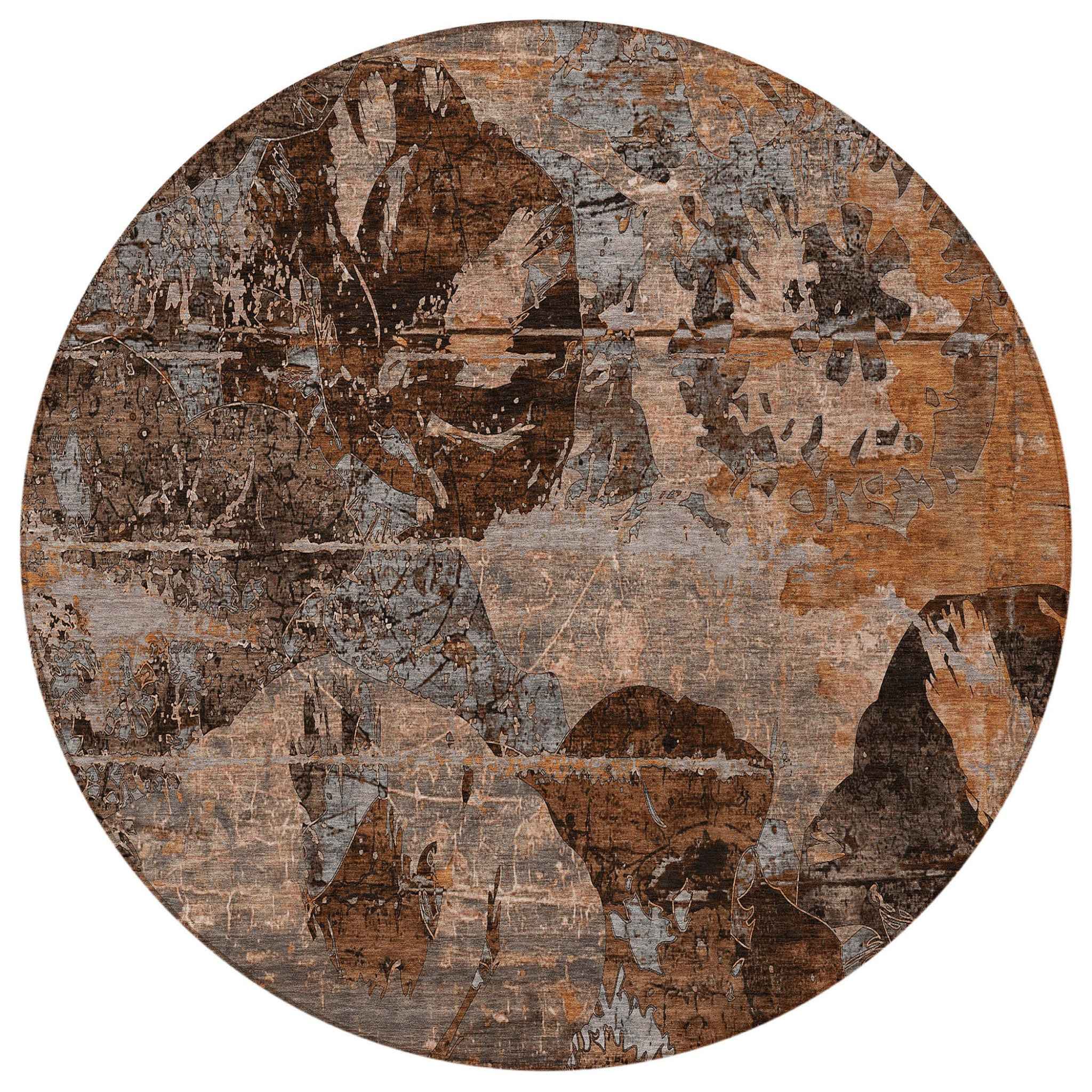 8' Round Brown Terracotta and Gray Round Floral Washable Non Skid Indoor Outdoor Area Rug