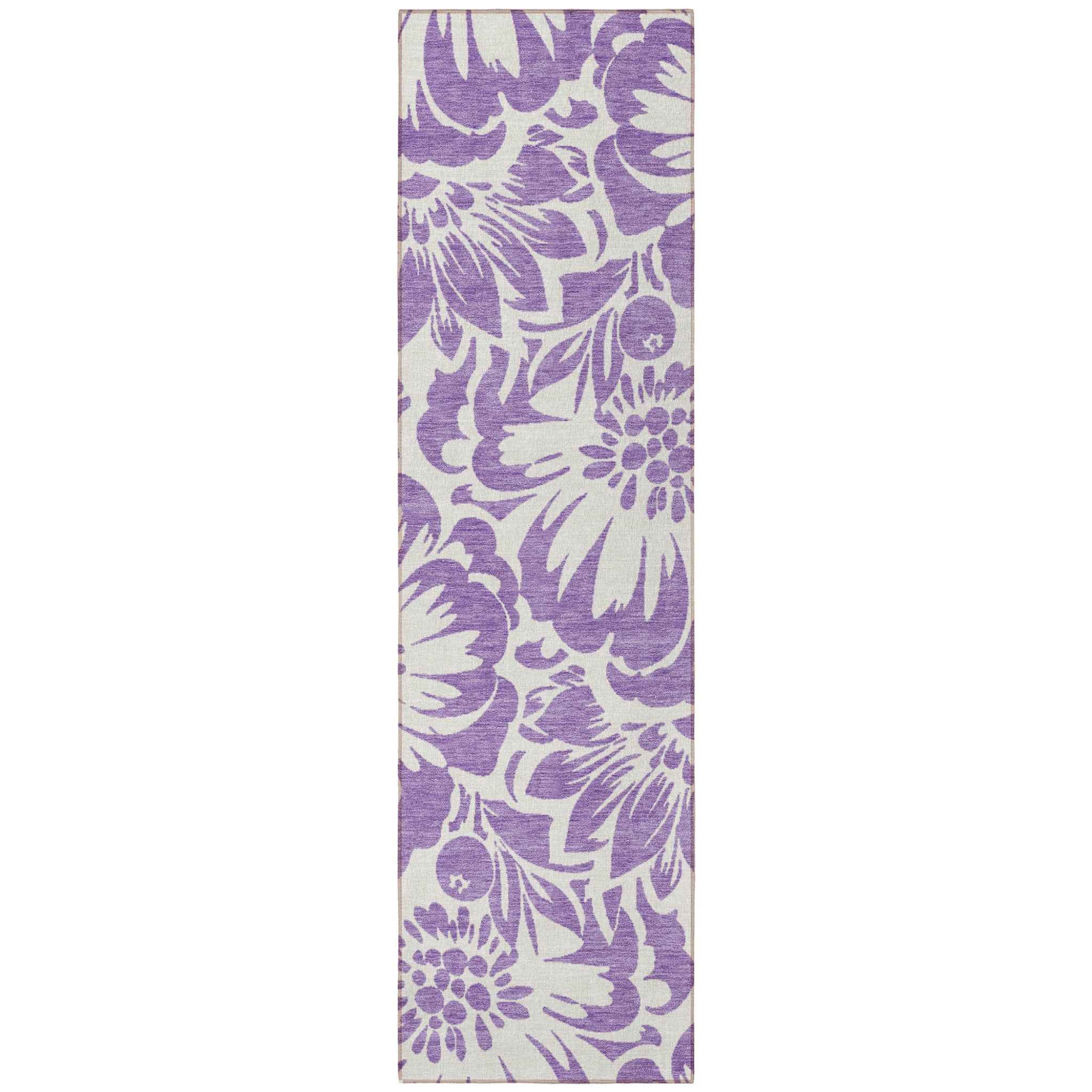 8' Runner Purple and Ivory Floral Washable Non Skid Indoor Outdoor Runner Rug