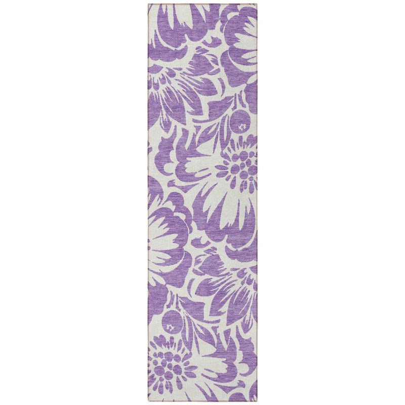 8' Runner Purple and Ivory Floral Washable Non Skid Indoor Outdoor Runner Rug