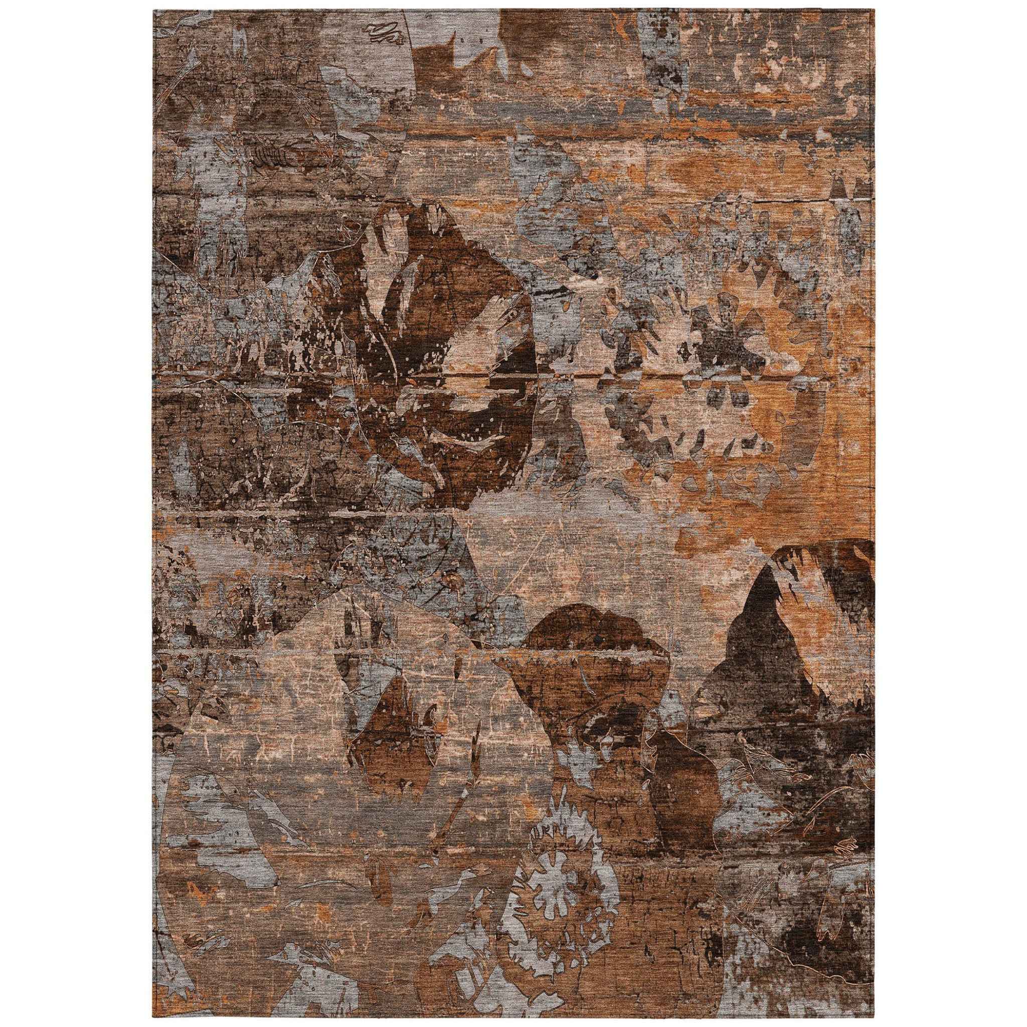 3' X 5' Brown Terracotta and Gray Floral Washable Non Skid Indoor Outdoor Area Rug