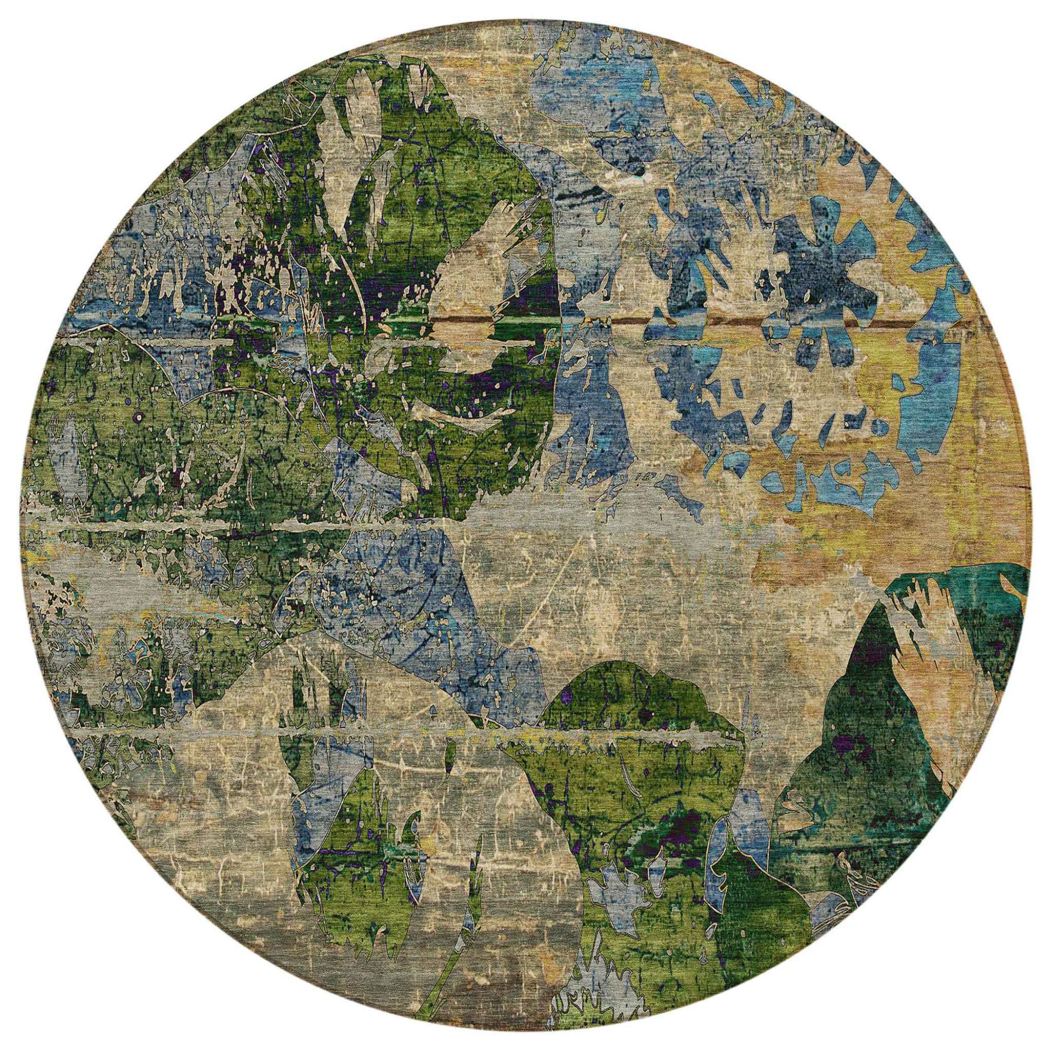 8' Round Taupe Blue and Green Round Floral Washable Non Skid Indoor Outdoor Area Rug