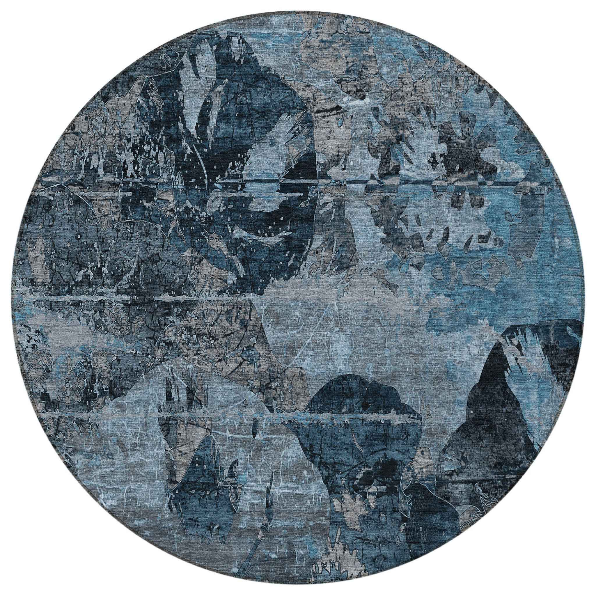 8' Round Blue and Dark Blue Round Floral Washable Non Skid Indoor Outdoor Area Rug