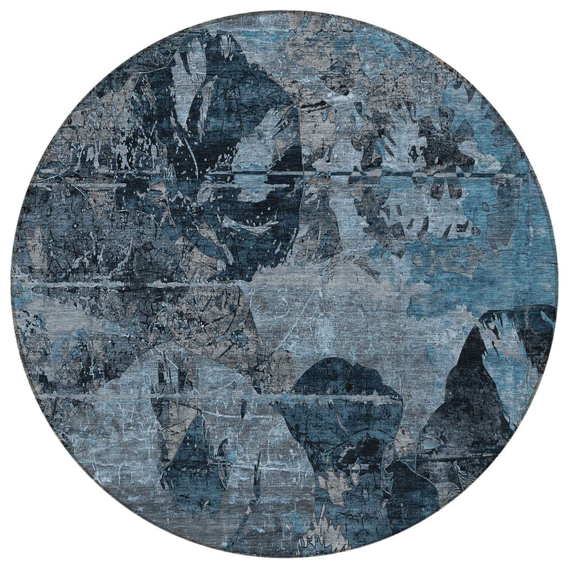 8' Round Blue and Dark Blue Round Floral Washable Non Skid Indoor Outdoor Area Rug