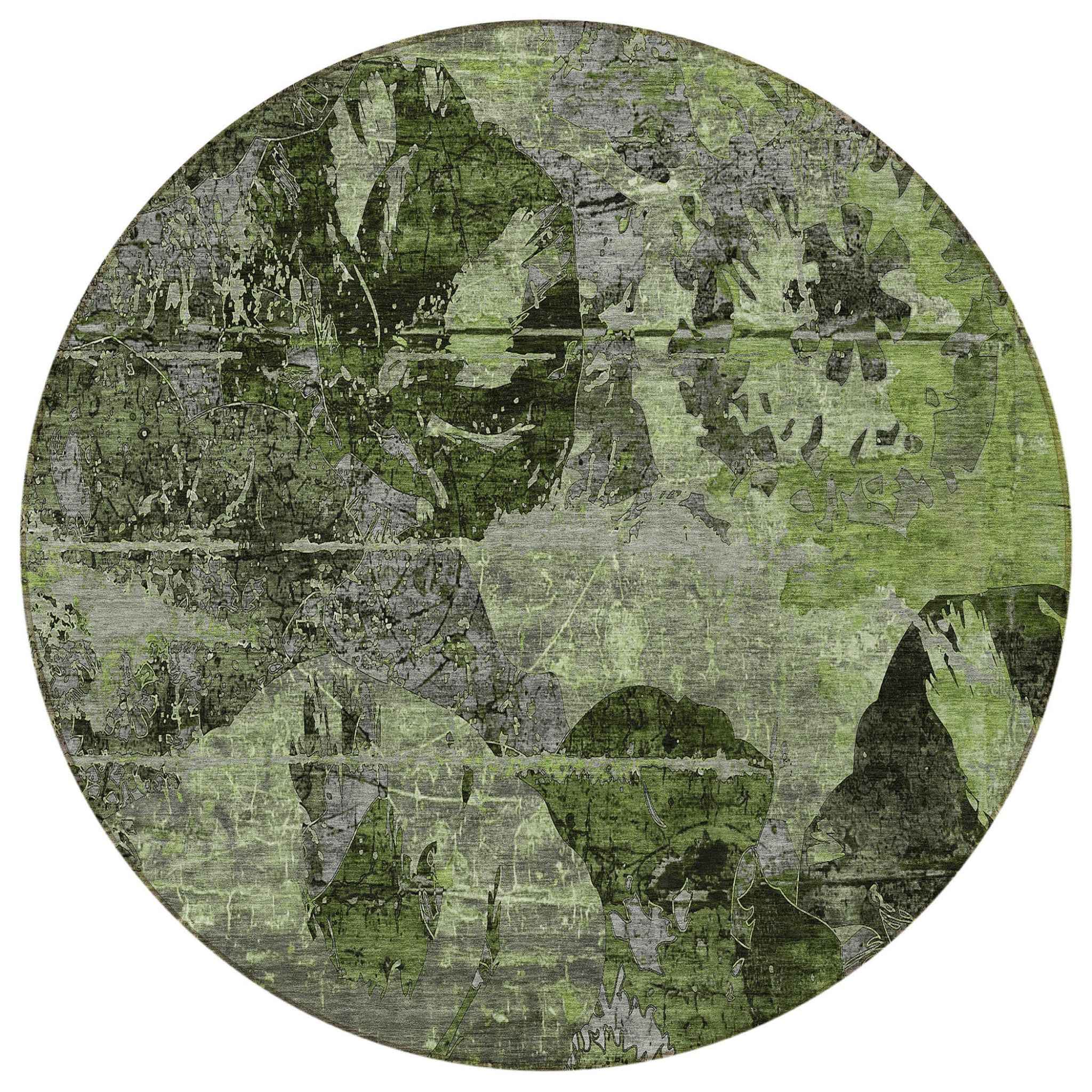 8' Round Green and Gray Round Floral Washable Non Skid Indoor Outdoor Area Rug