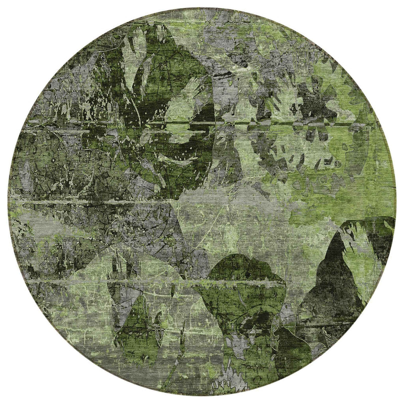8' Round Green and Gray Round Floral Washable Non Skid Indoor Outdoor Area Rug