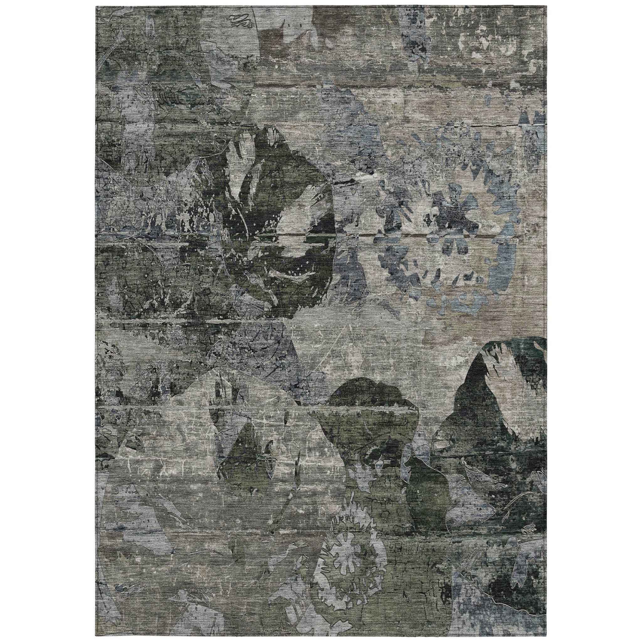 8' X 10' Gray Dark Green and Black Floral Washable Non Skid Indoor Outdoor Area Rug