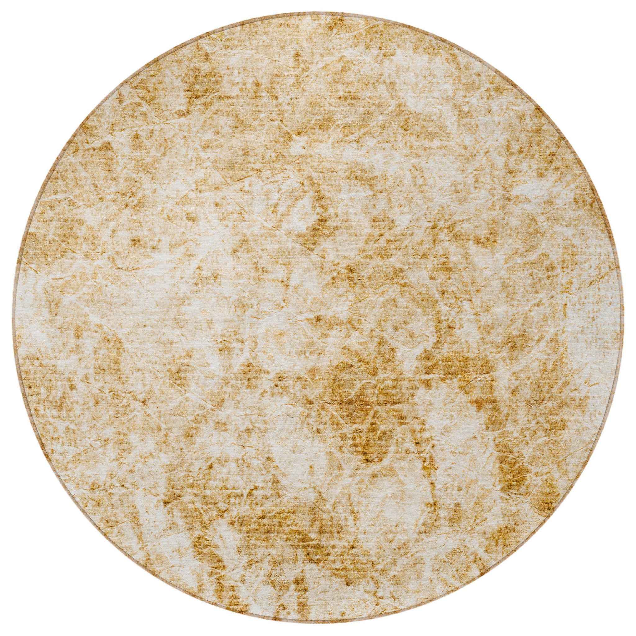 8' Round Cream and Gold Round Abstract Washable Non Skid Indoor Outdoor Area Rug