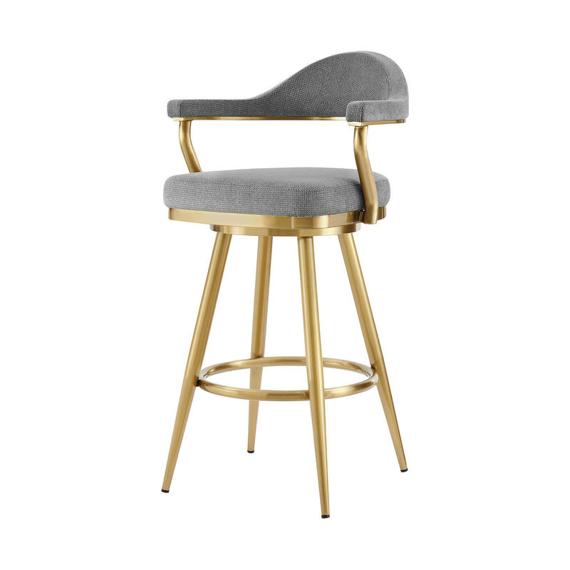 26" Gray and Gold Fabric and Stainless Steel Counter Height Swivel Bar Chair