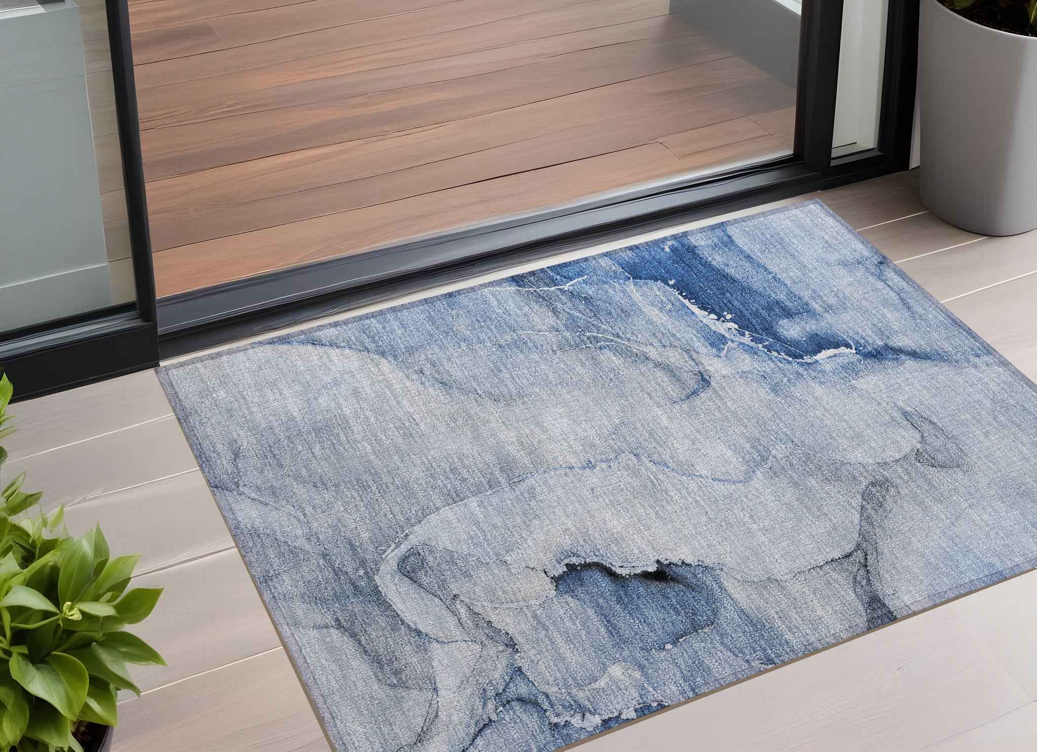 2' X 3' Blue Abstract Washable Indoor Outdoor Area Rug