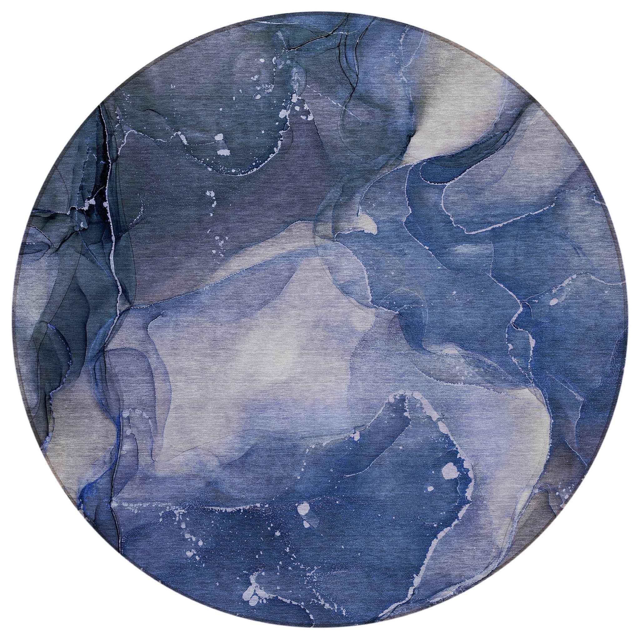 8' Round Blue Round Abstract Washable Non Skid Indoor Outdoor Area Rug