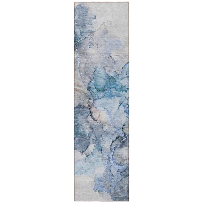 8' Runner Blue and Gray Abstract Washable Non Skid Indoor Outdoor Runner Rug
