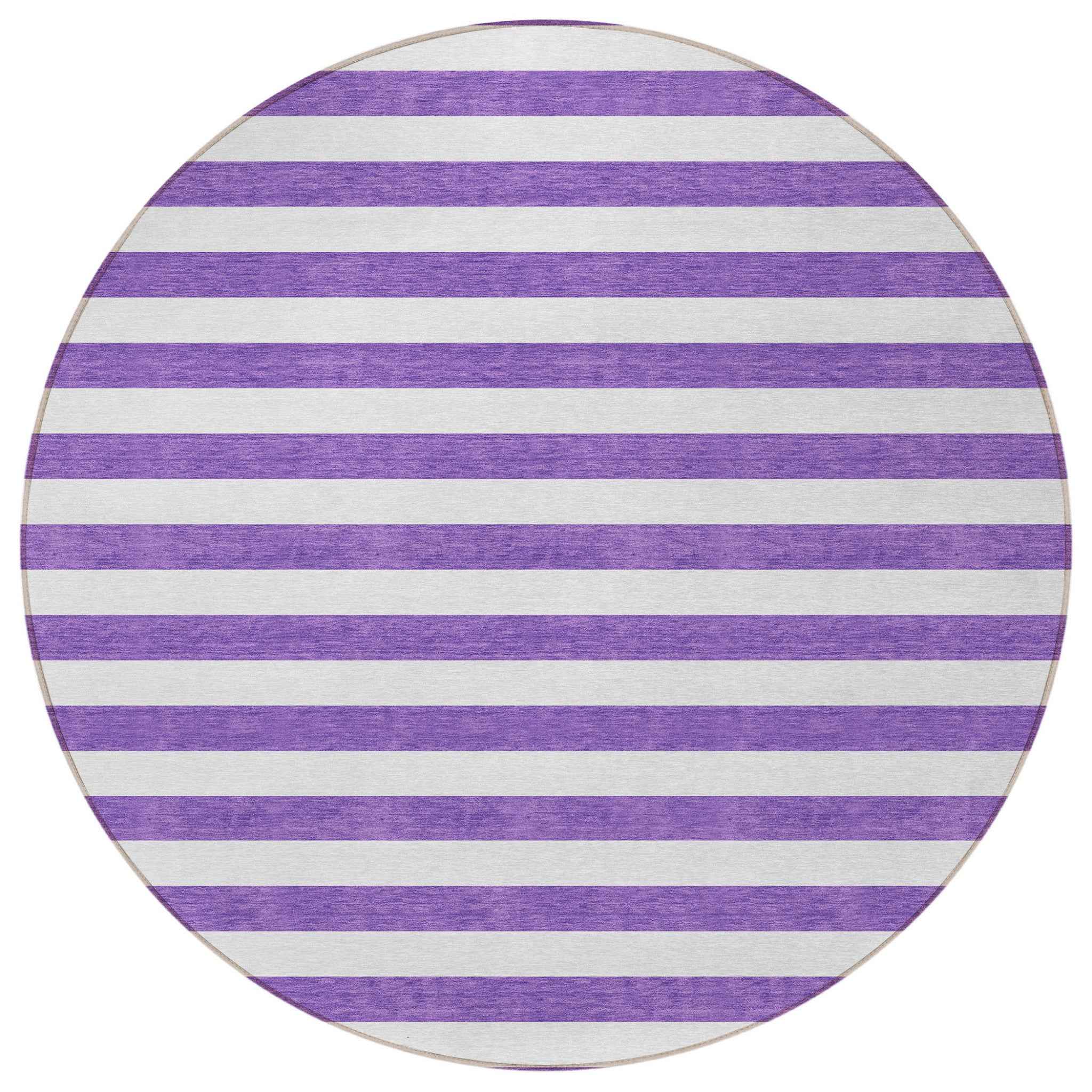 8' Round Purple and White Round Striped Washable Non Skid Indoor Outdoor Area Rug