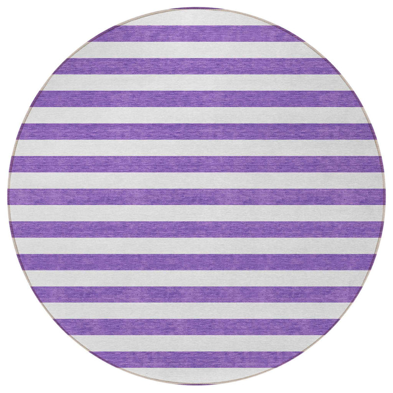 8' Round Purple and White Round Striped Washable Non Skid Indoor Outdoor Area Rug
