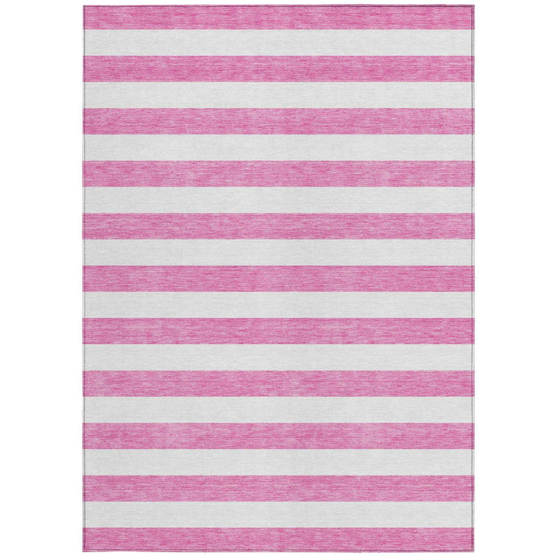 8' X 10' Pink and White Striped Washable Non Skid Indoor Outdoor Area Rug