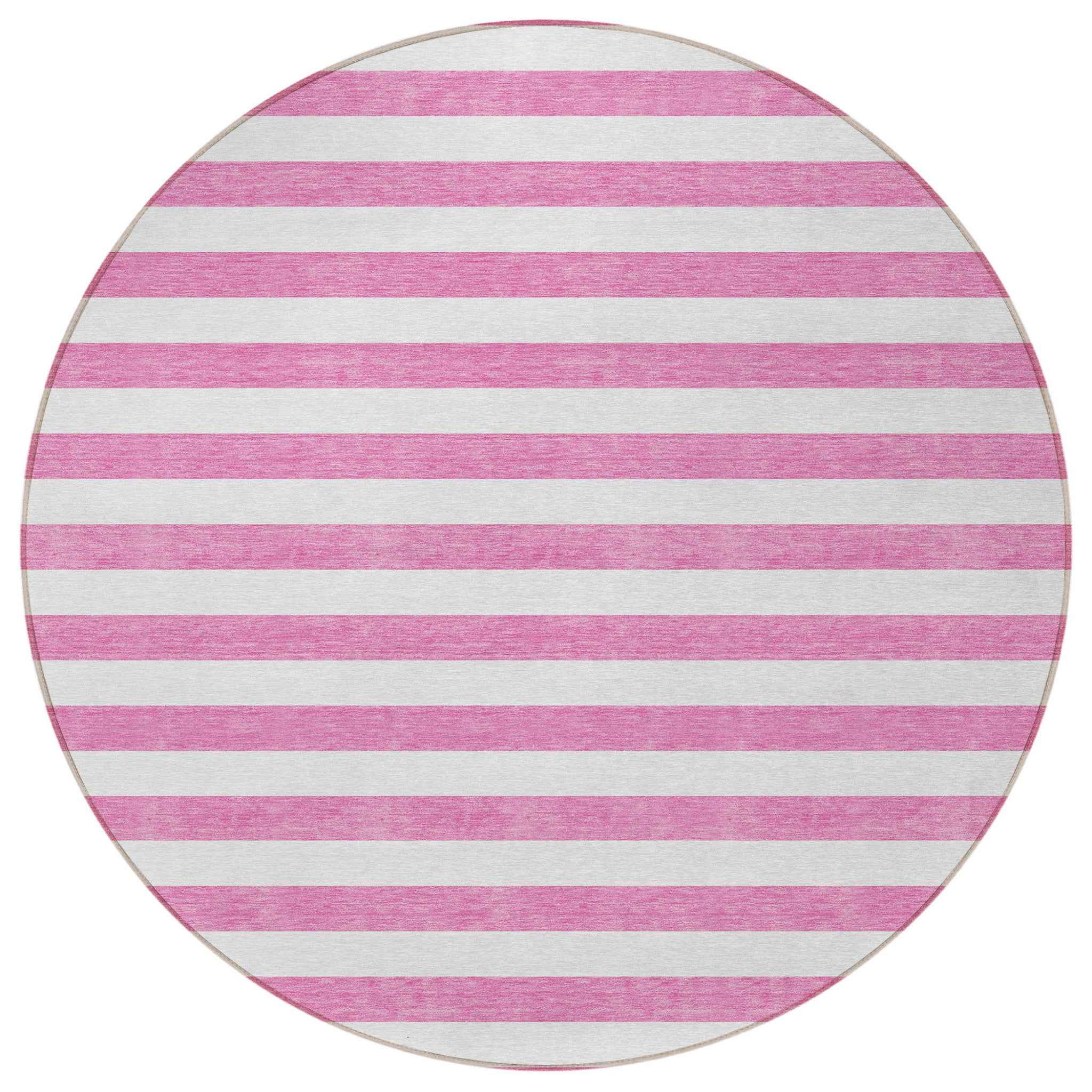 8' Round Pink and White Round Striped Washable Non Skid Indoor Outdoor Area Rug
