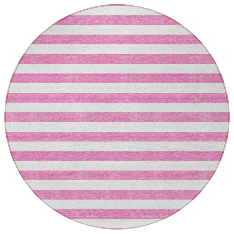 8' Round Pink and White Round Striped Washable Non Skid Indoor Outdoor Area Rug