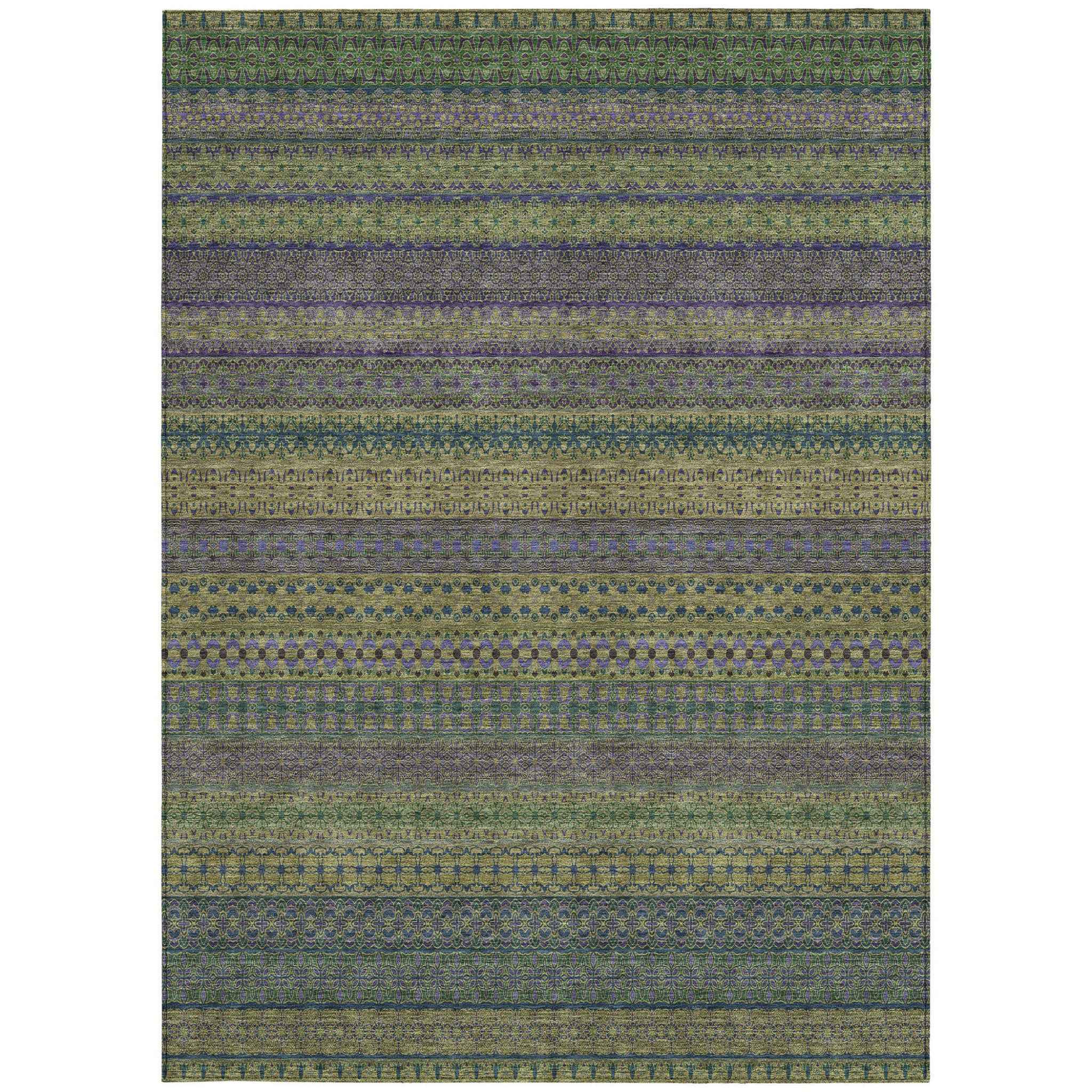 5' X 8' Olive Green Striped Washable Non Skid Indoor Outdoor Area Rug