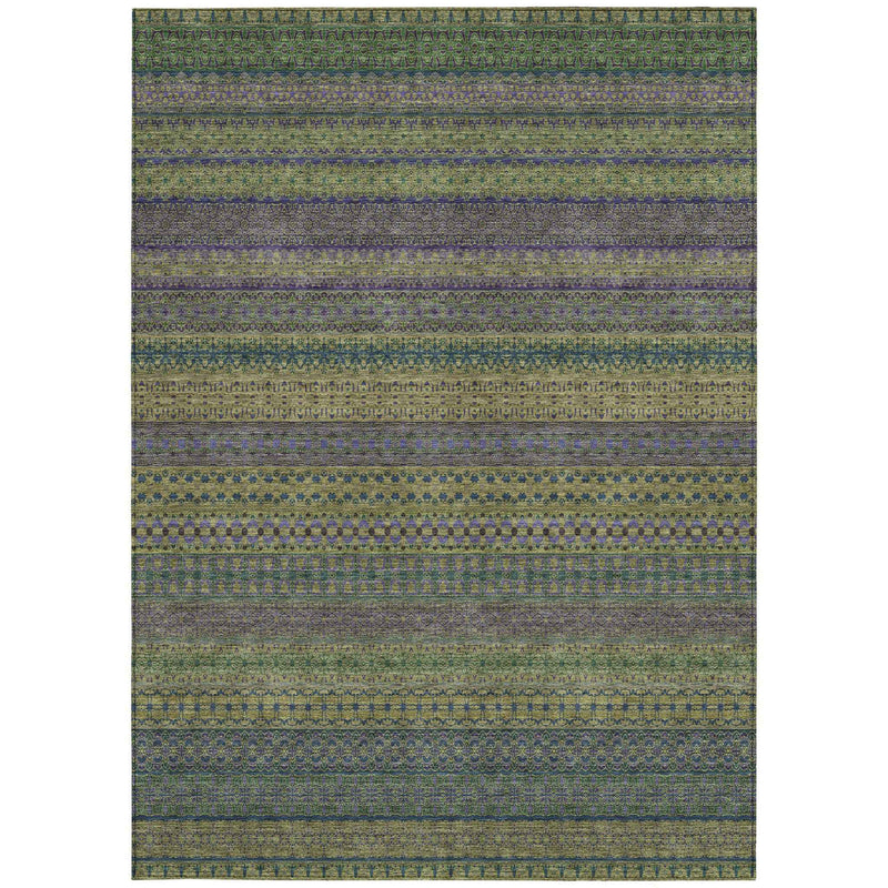 5' X 8' Olive Green Striped Washable Non Skid Indoor Outdoor Area Rug