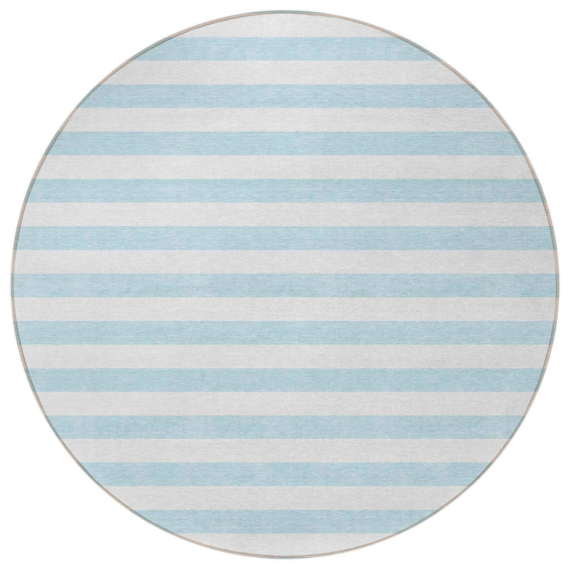 8' Round Sky Blue Round Striped Washable Non Skid Indoor Outdoor Area Rug