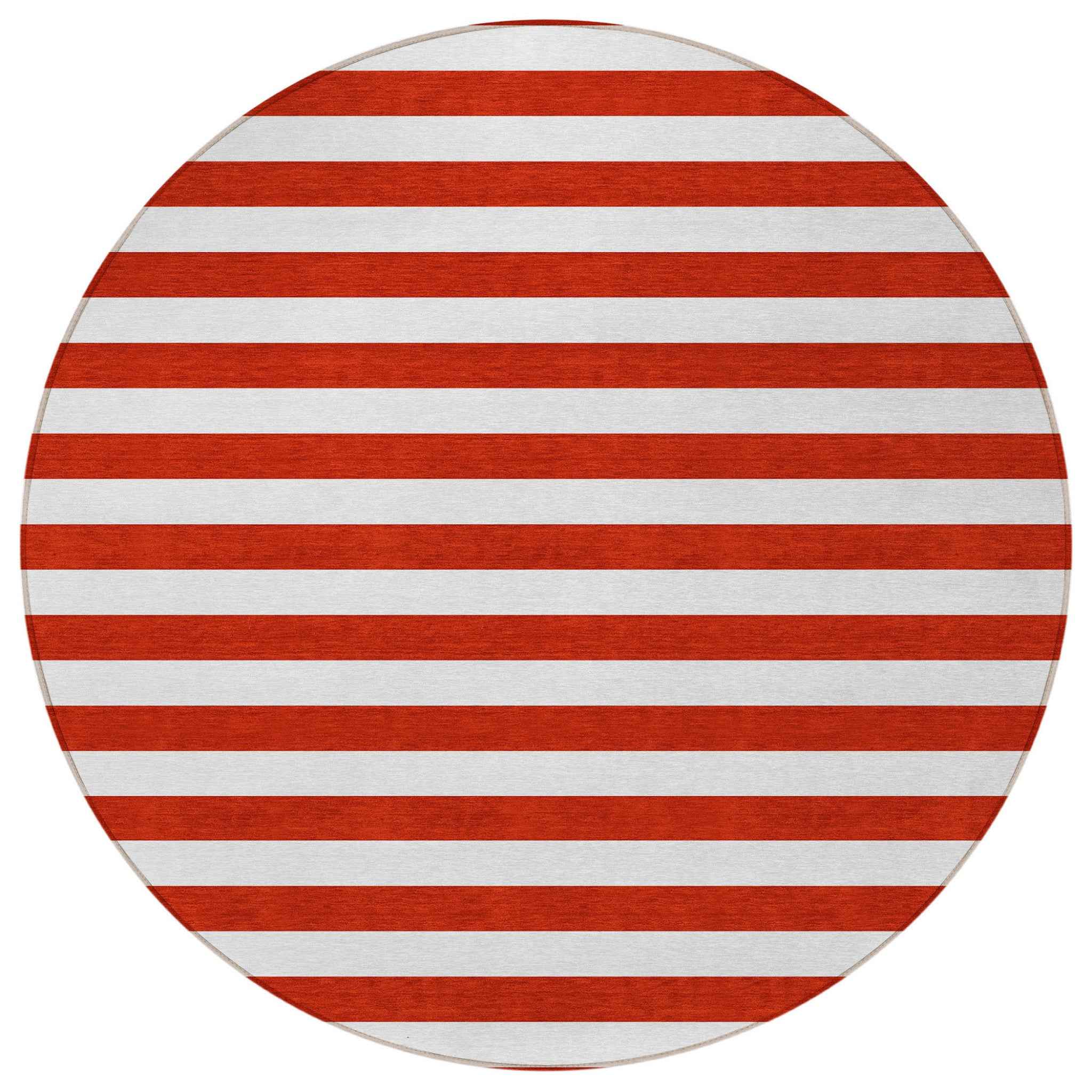 8' Round Red and White Round Striped Washable Non Skid Indoor Outdoor Area Rug