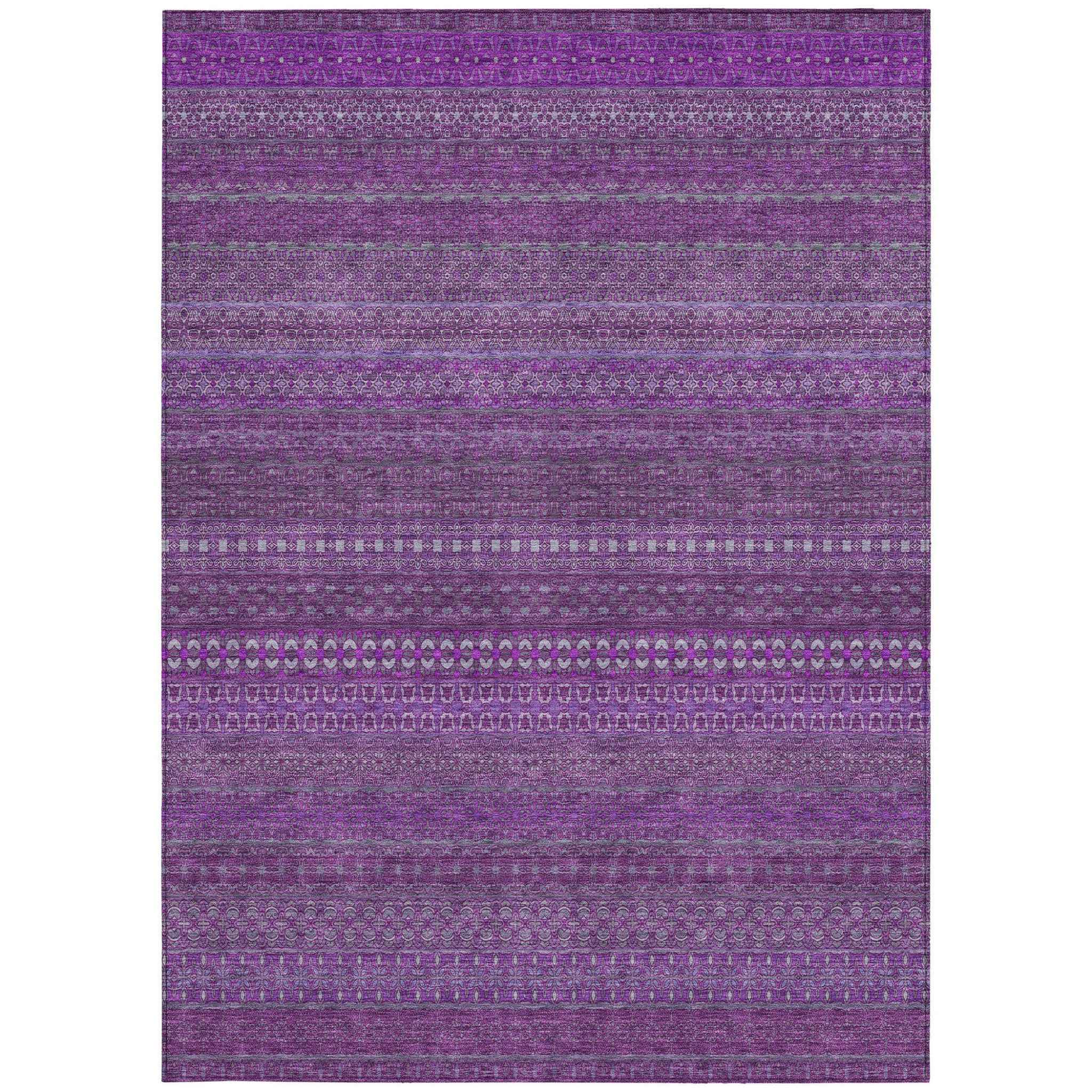9' X 12' Eggplant Striped Washable Non Skid Indoor Outdoor Area Rug