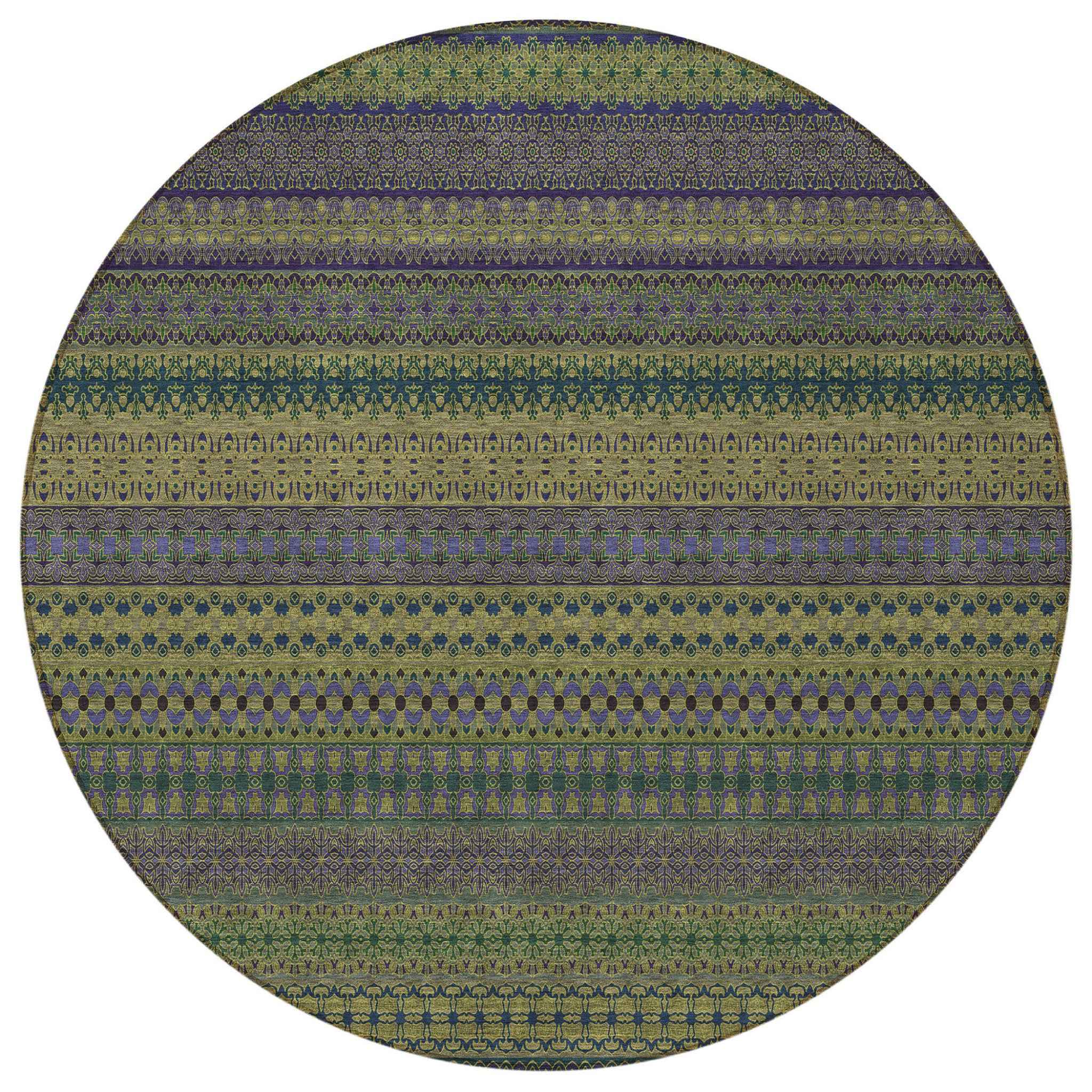 8' Round Olive Green Round Striped Washable Non Skid Indoor Outdoor Area Rug