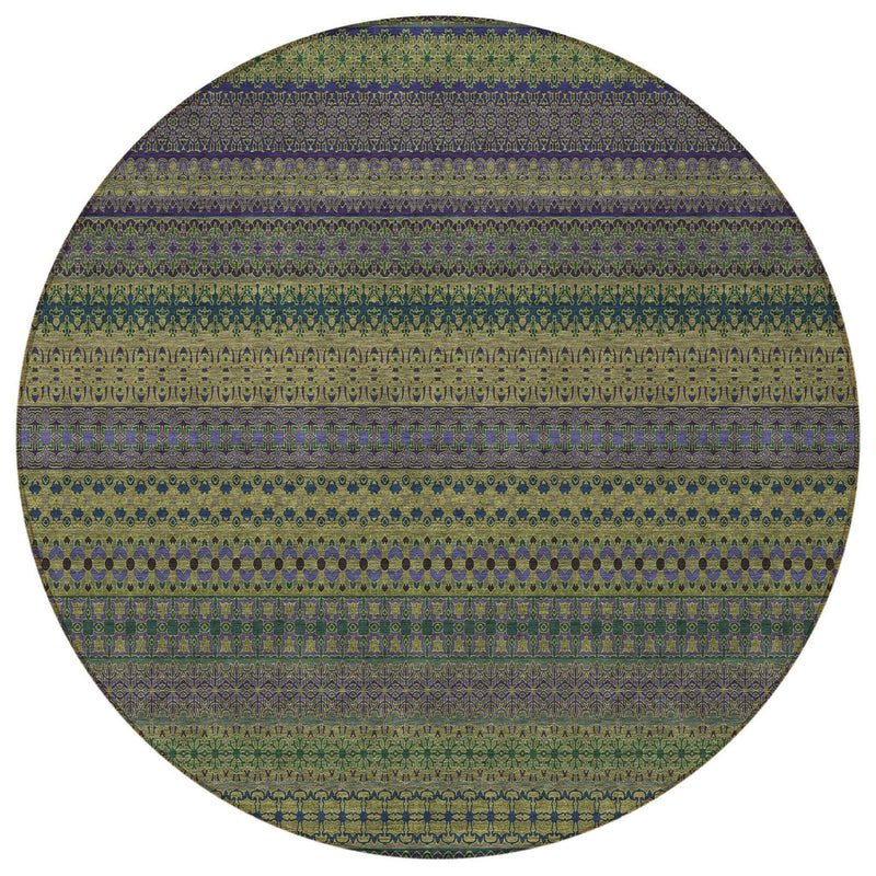8' Round Olive Green Round Striped Washable Non Skid Indoor Outdoor Area Rug