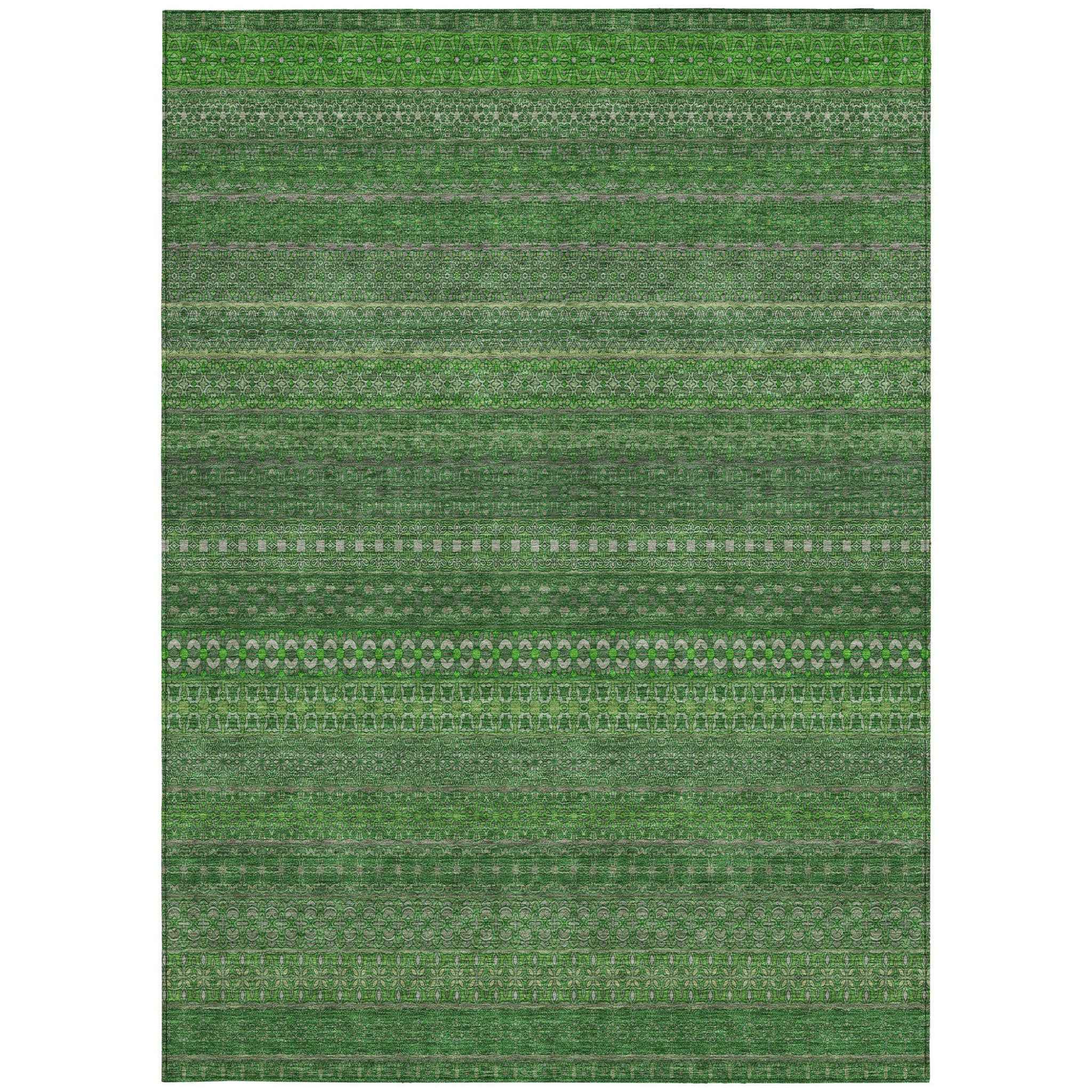 9' X 12' Fern Green Striped Washable Non Skid Indoor Outdoor Area Rug