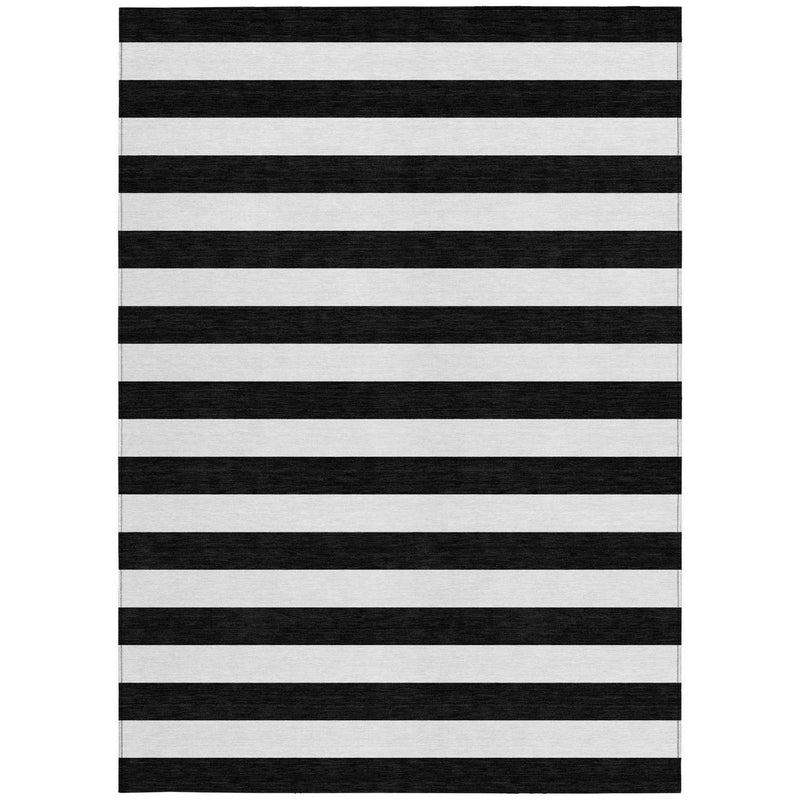 9' X 12' Black and White Striped Washable Non Skid Indoor Outdoor Area Rug