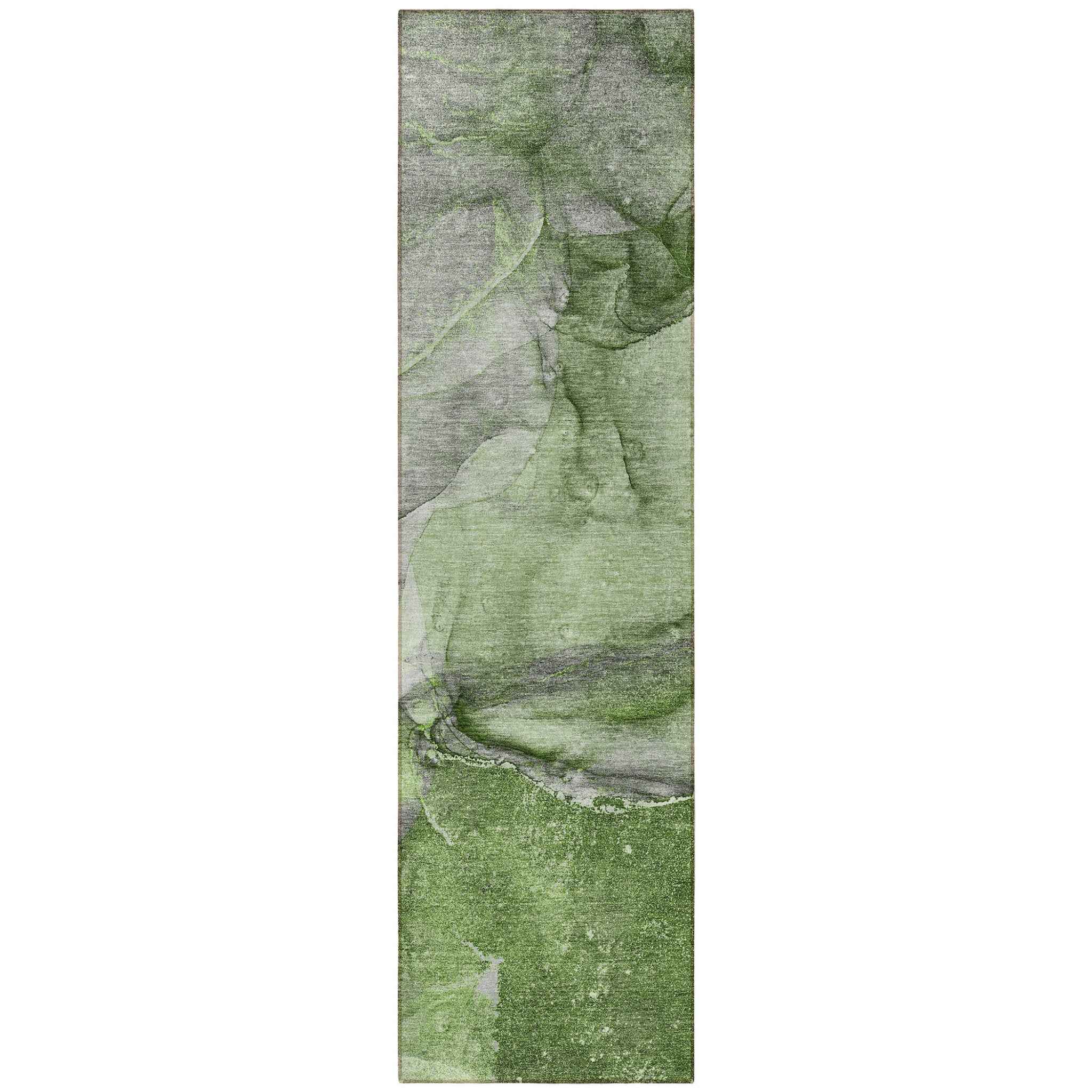 8' Runner Olive Green Abstract Washable Non Skid Indoor Outdoor Runner Rug