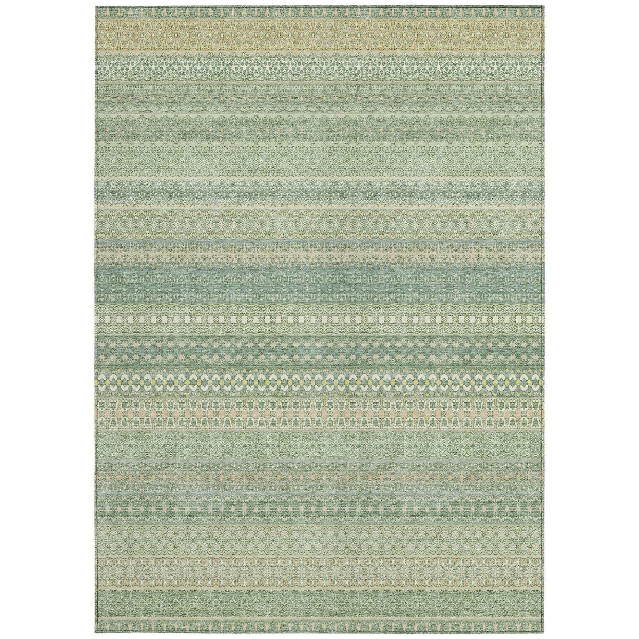 5' X 8' Artichoke Green Striped Washable Non Skid Indoor Outdoor Area Rug