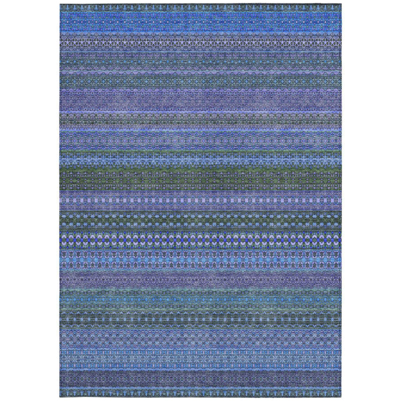 9' X 12' Blue and Green Striped Washable Non Skid Indoor Outdoor Area Rug