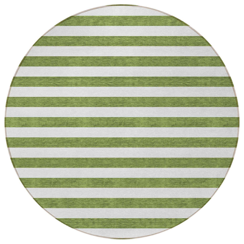 8' Round Olive Green Round Striped Washable Non Skid Indoor Outdoor Area Rug
